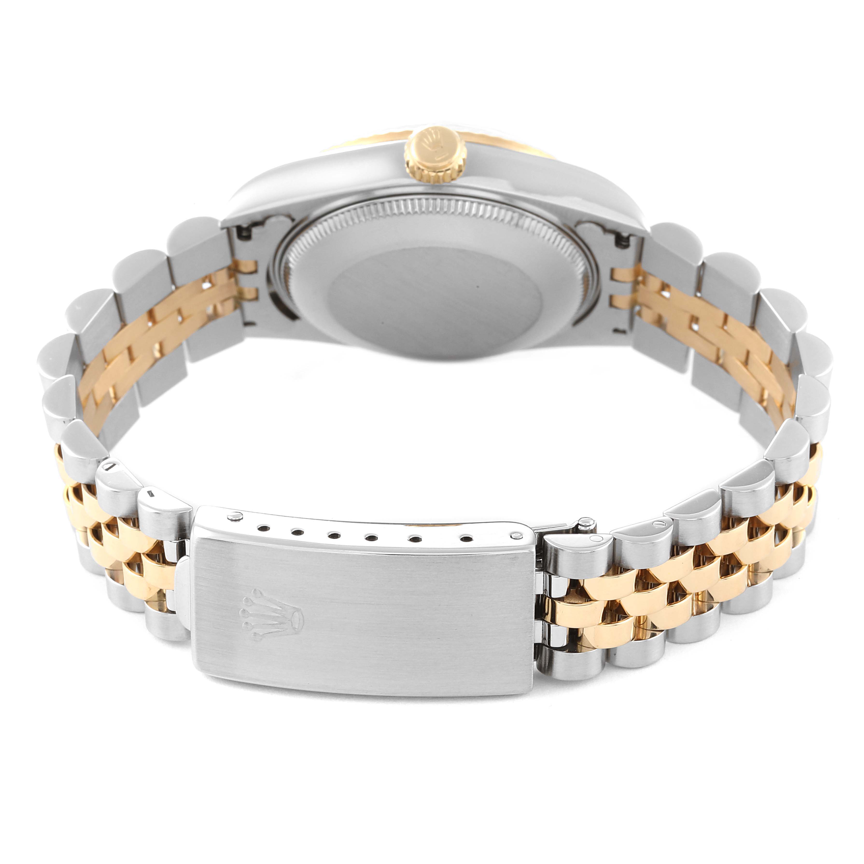 This image shows the back case and jubilee bracelet clasp of a Rolex Datejust 68273 Women's Steel and Gold (two tone) White Dial 68273 Women's Steel and Gold (two tone) White Dial watch, featuring a two-tone design.