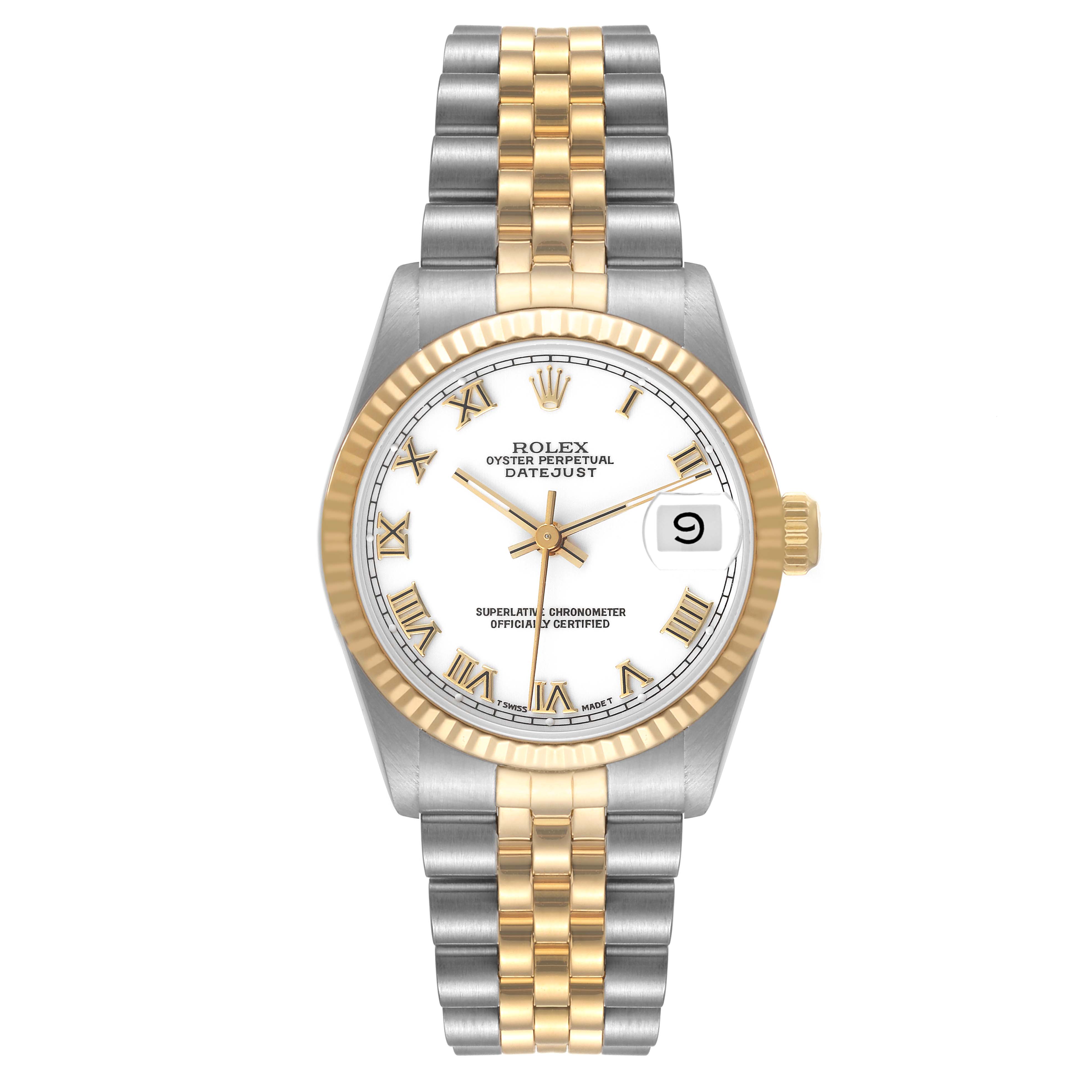 This image shows a front view of the Rolex Datejust 68273 Women's Steel and Gold (two tone) White Dial 68273 Women's Steel and Gold (two tone) White Dial watch, highlighting its two-tone bracelet, fluted bezel, and white dial.