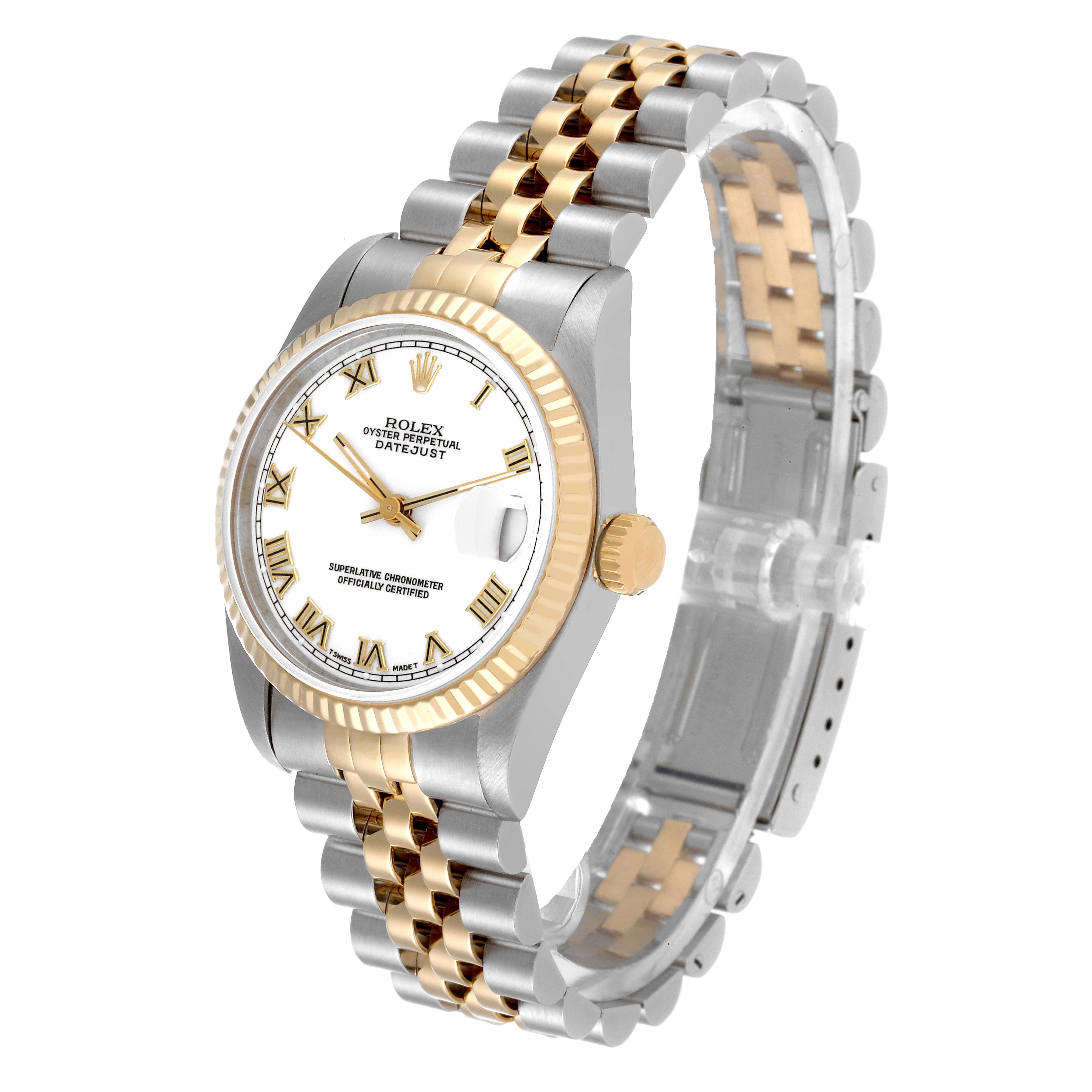 The Rolex Datejust 68273 Women's Steel and Gold (two tone) White Dial 68273 Women's Steel and Gold (two tone) White Dial watch is shown at a three-quarter angle, highlighting its face, fluted bezel, and two-tone Jubilee bracelet.