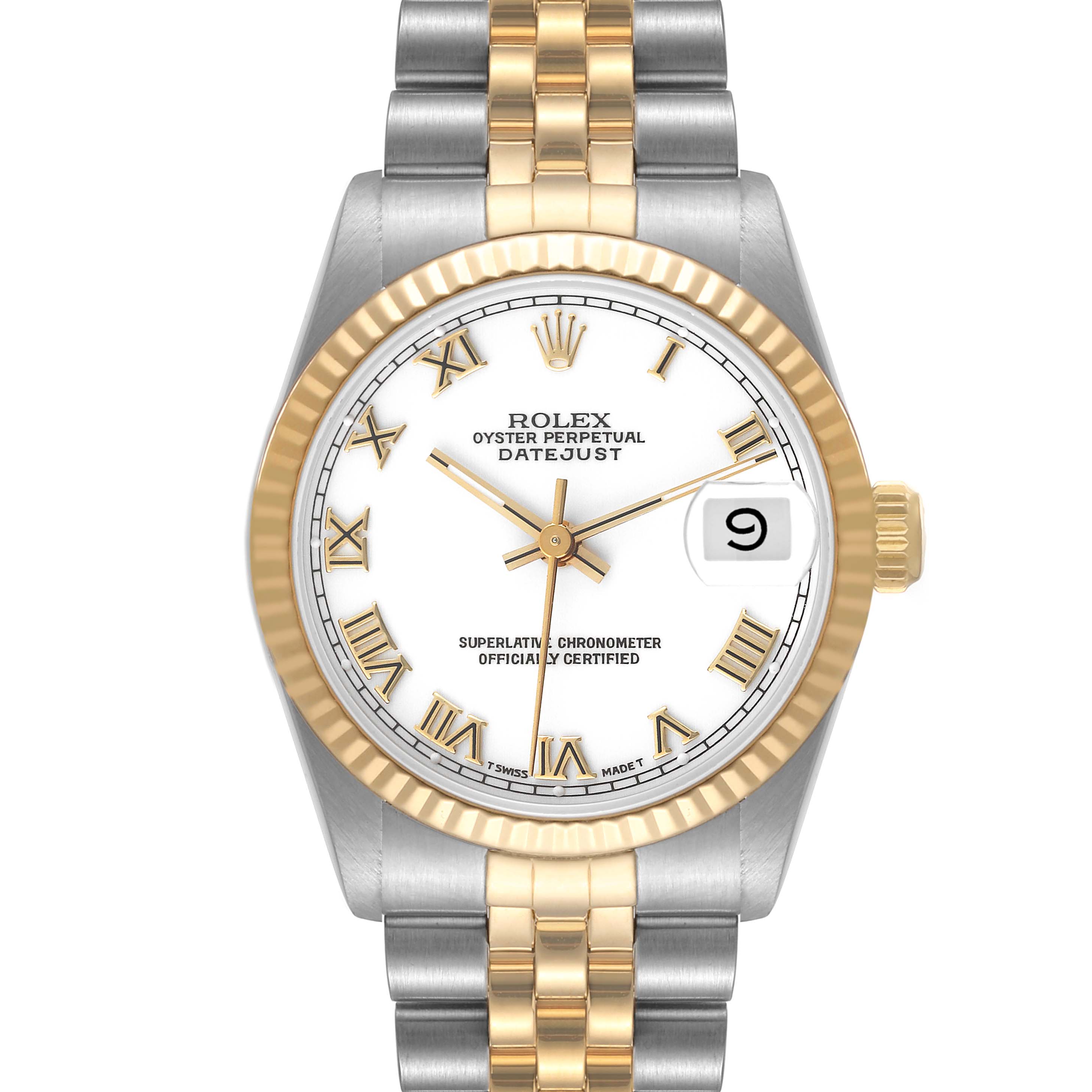 The Rolex Datejust 68273 Women's Steel and Gold (two tone) White Dial 68273 Women's Steel and Gold (two tone) White Dial watch is shown from a front angle, highlighting its dial, bezel, and partially its bracelet.