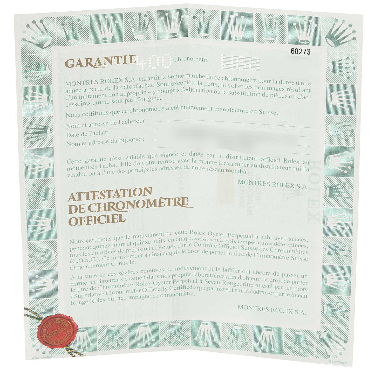 This image shows the certificate of authenticity and warranty for a Rolex Datejust 68273 Women's Steel and Gold (two tone) White Dial 68273 Women's Steel and Gold (two tone) White Dial watch, featuring a decorative border with Rolex logos.