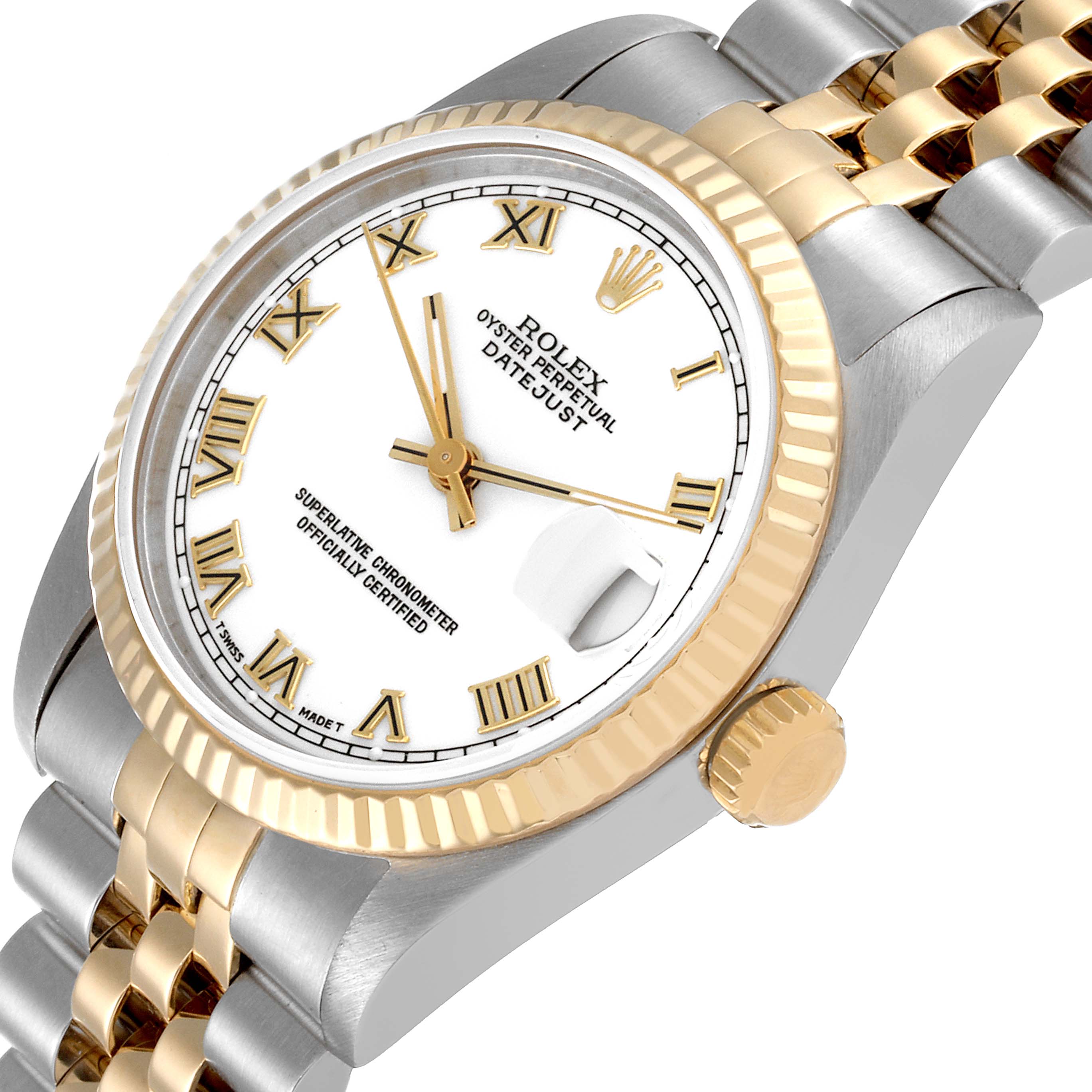 The image shows a Rolex Datejust 68273 Women's Steel and Gold (two tone) White Dial 68273 Women's Steel and Gold (two tone) White Dial watch focused on the face, bezel, and part of the bracelet from an angled view.