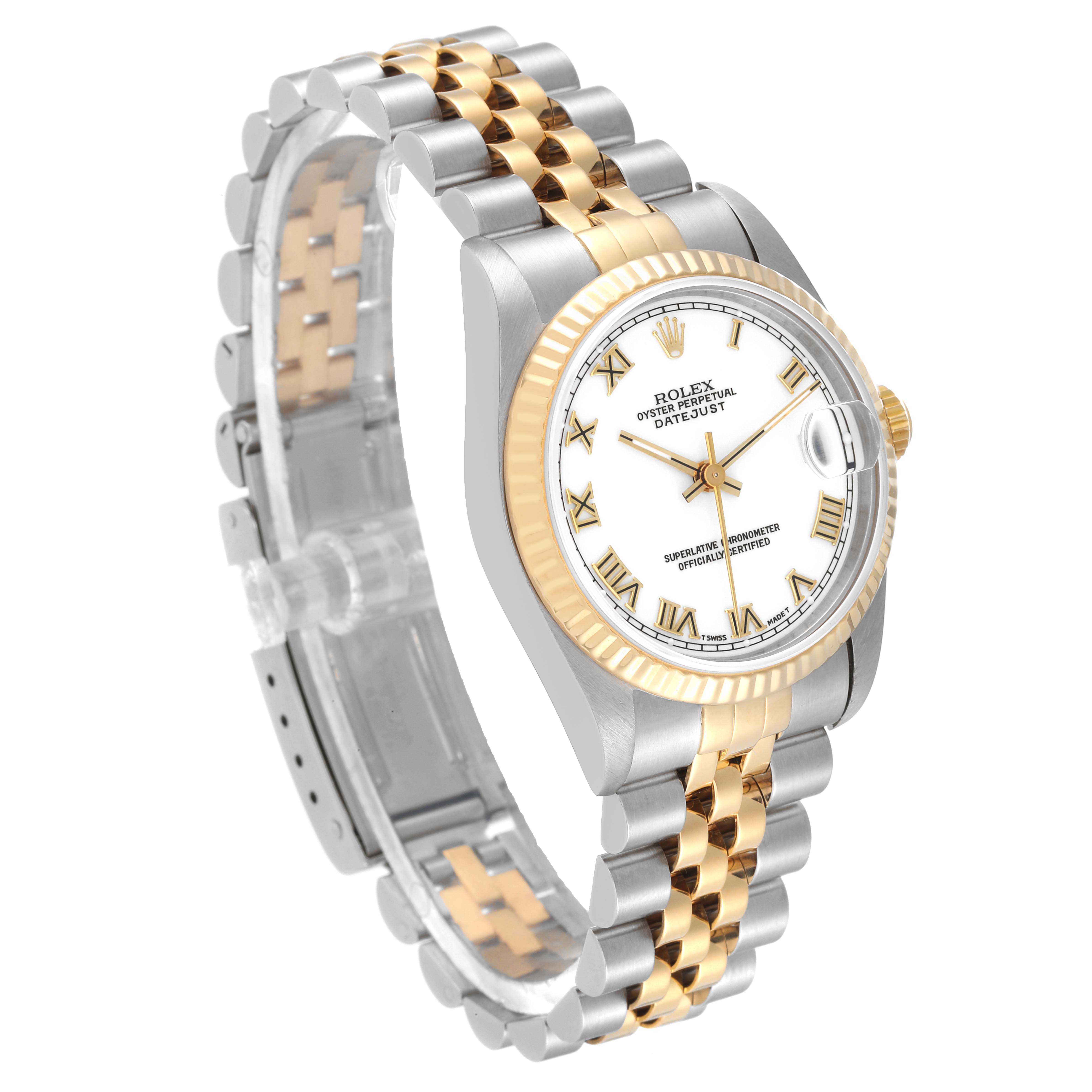 This Rolex Datejust 68273 Women's Steel and Gold (two tone) White Dial 68273 Women's Steel and Gold (two tone) White Dial watch is shown at a three-quarter angle displaying the face, bezel, case, and two-tone bracelet.