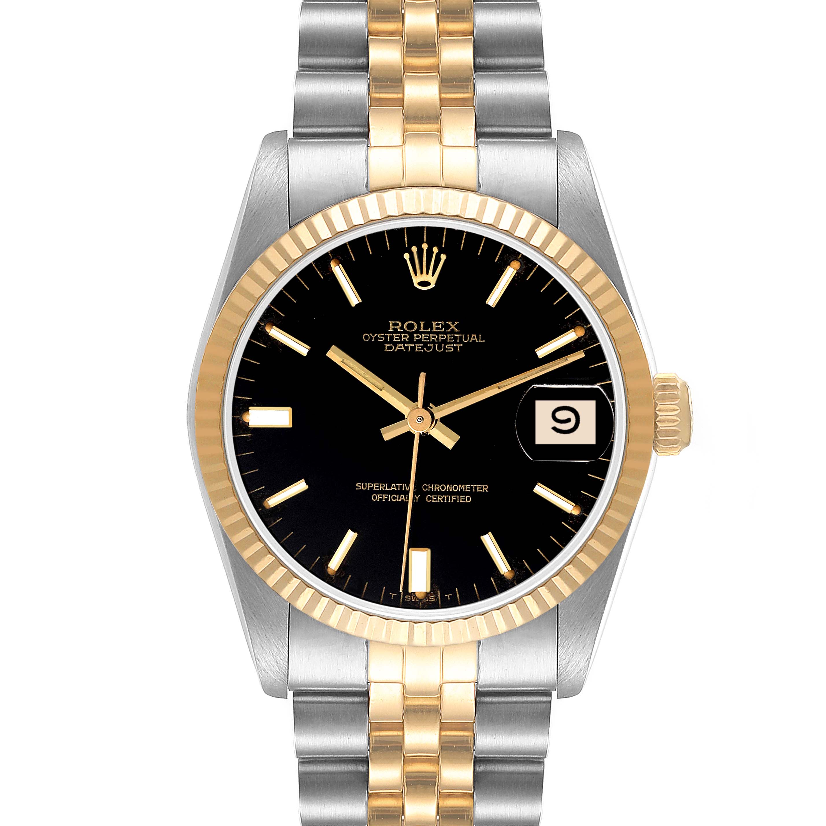 This is a front view of a Rolex Mid-Size 68273 Women
s Steel and Gold (two tone) Black Dial 68273 Women
s Steel and Gold (two tone) Black Dial Oyster Perpetual Datejust watch showing the dial, bracelet, and date window.