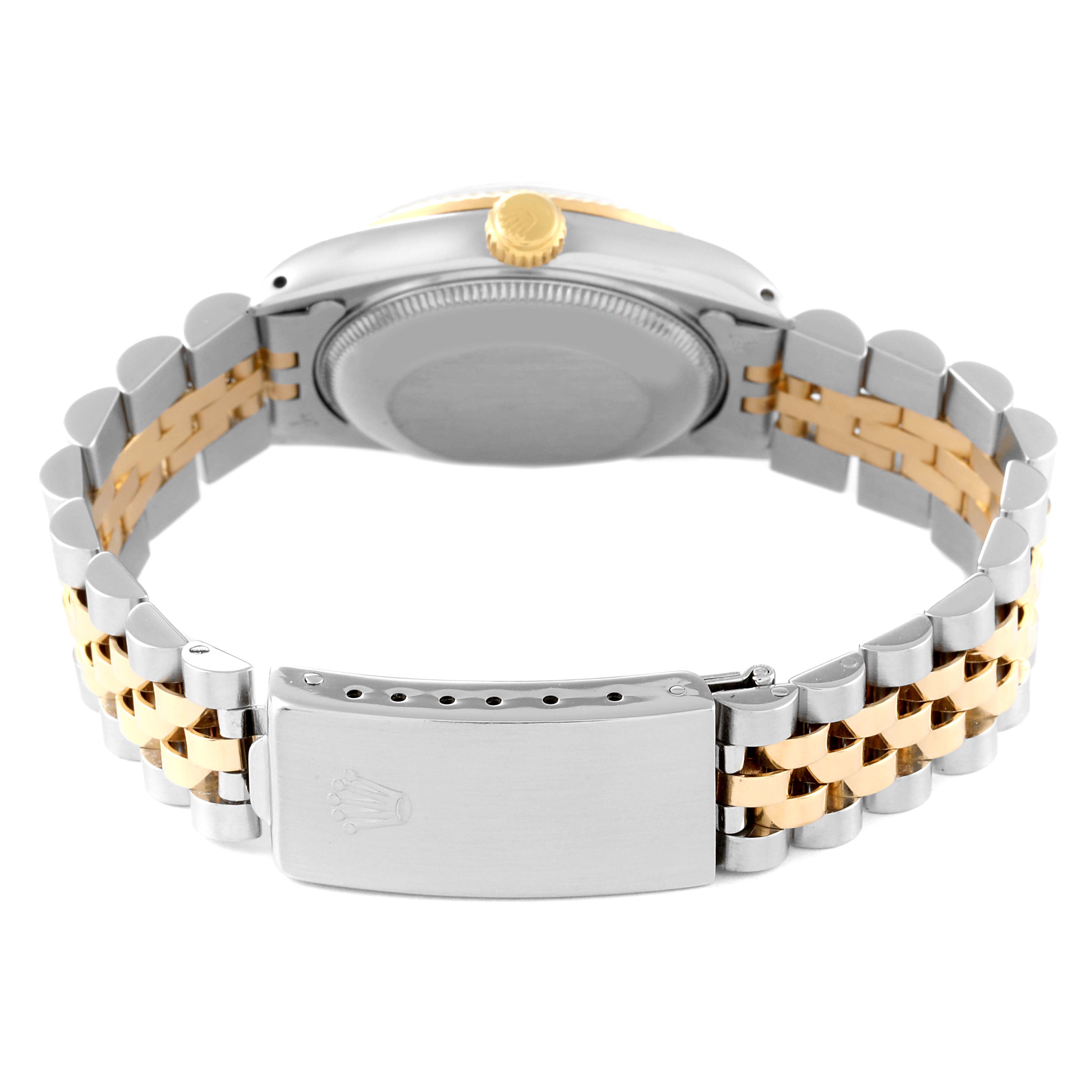 This image shows the back side and bracelet of a Mid-Size Rolex watch, featuring a two-tone metal finish and clasp.