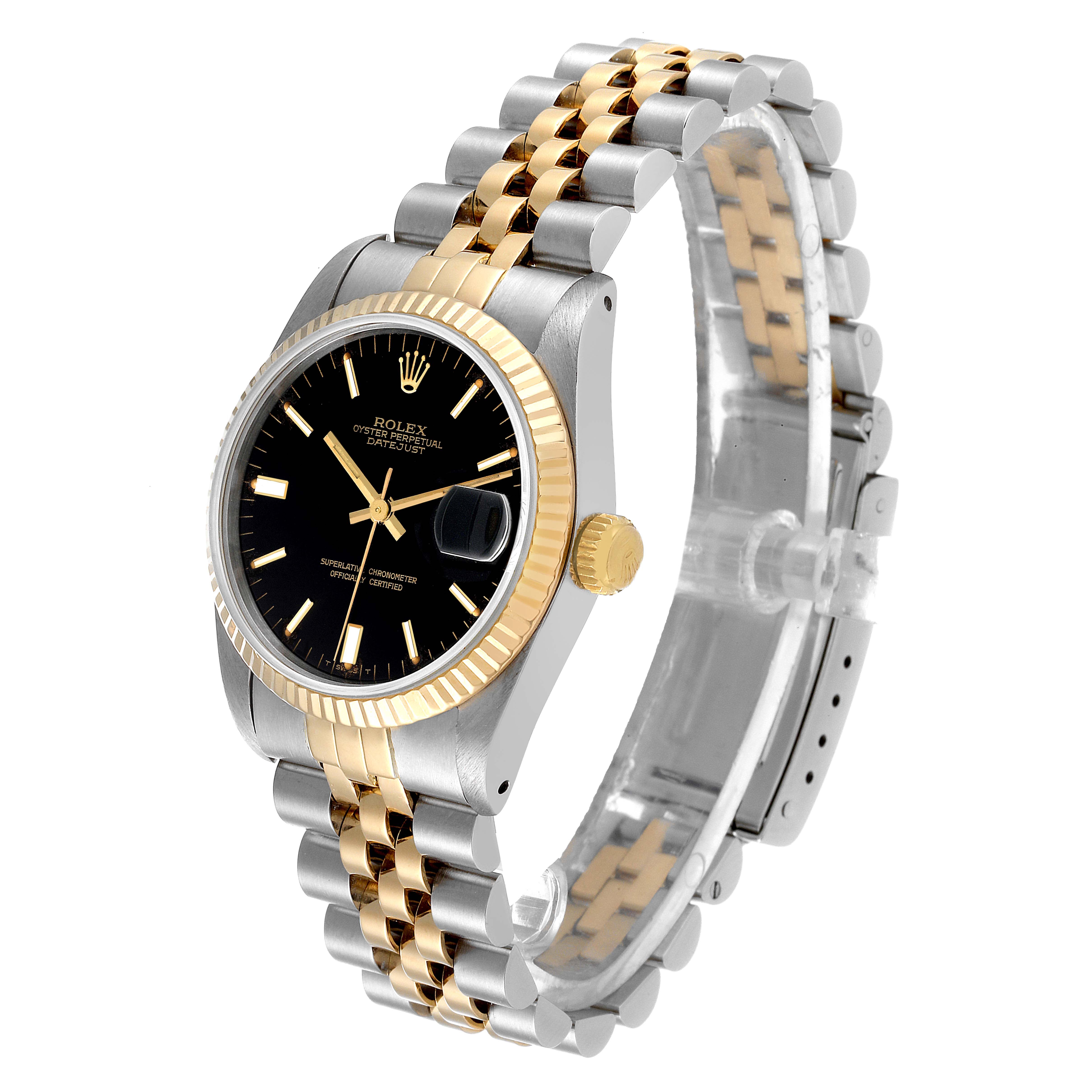 The image shows a Rolex Mid-Size 68273 Women
s Steel and Gold (two tone) Black Dial 68273 Women
s Steel and Gold (two tone) Black Dial watch at an angle highlighting the dial, bezel, crown, and two-tone bracelet.