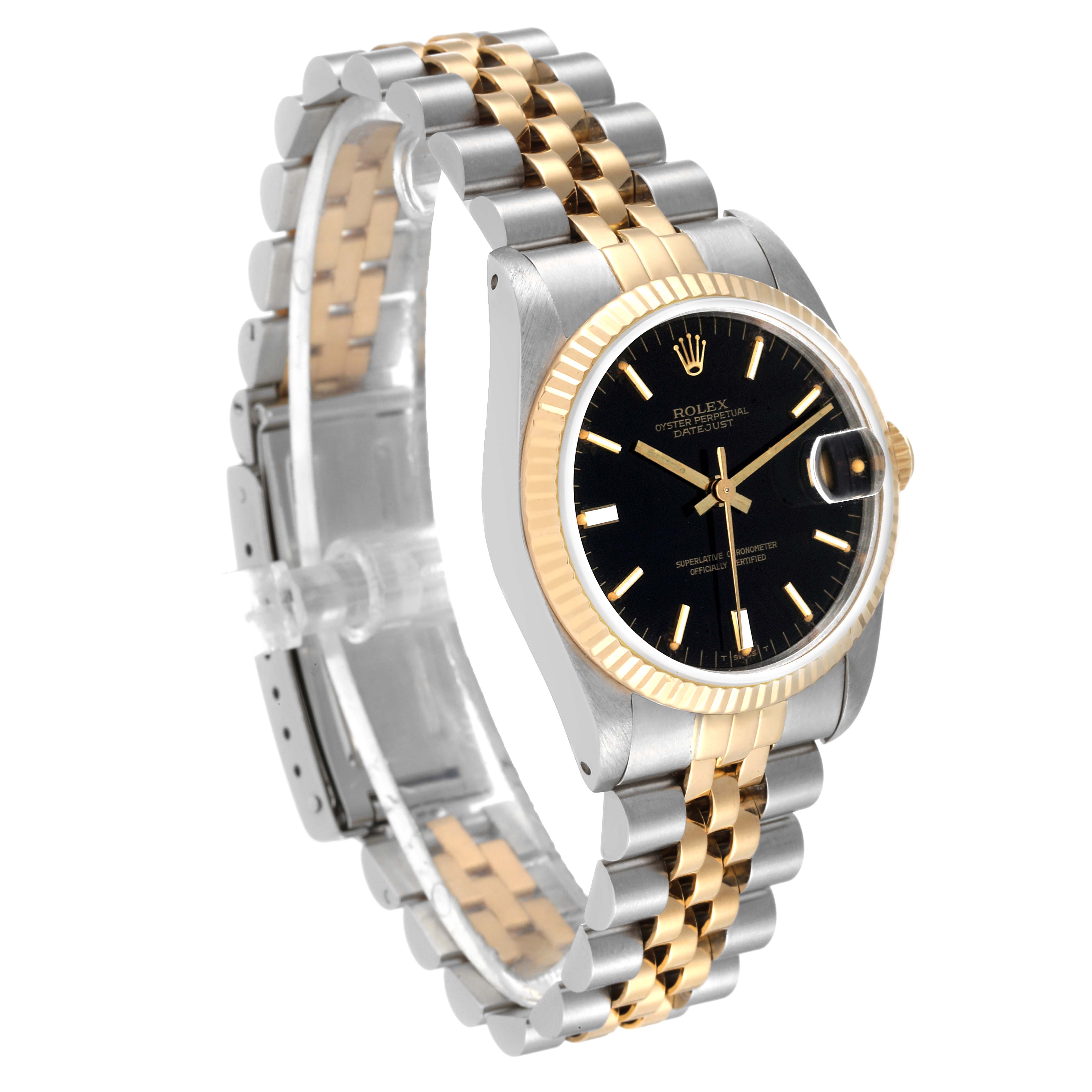 This image shows a side angle view of the Mid-Size Rolex watch, showcasing the dial, bezel, and metal bracelet.