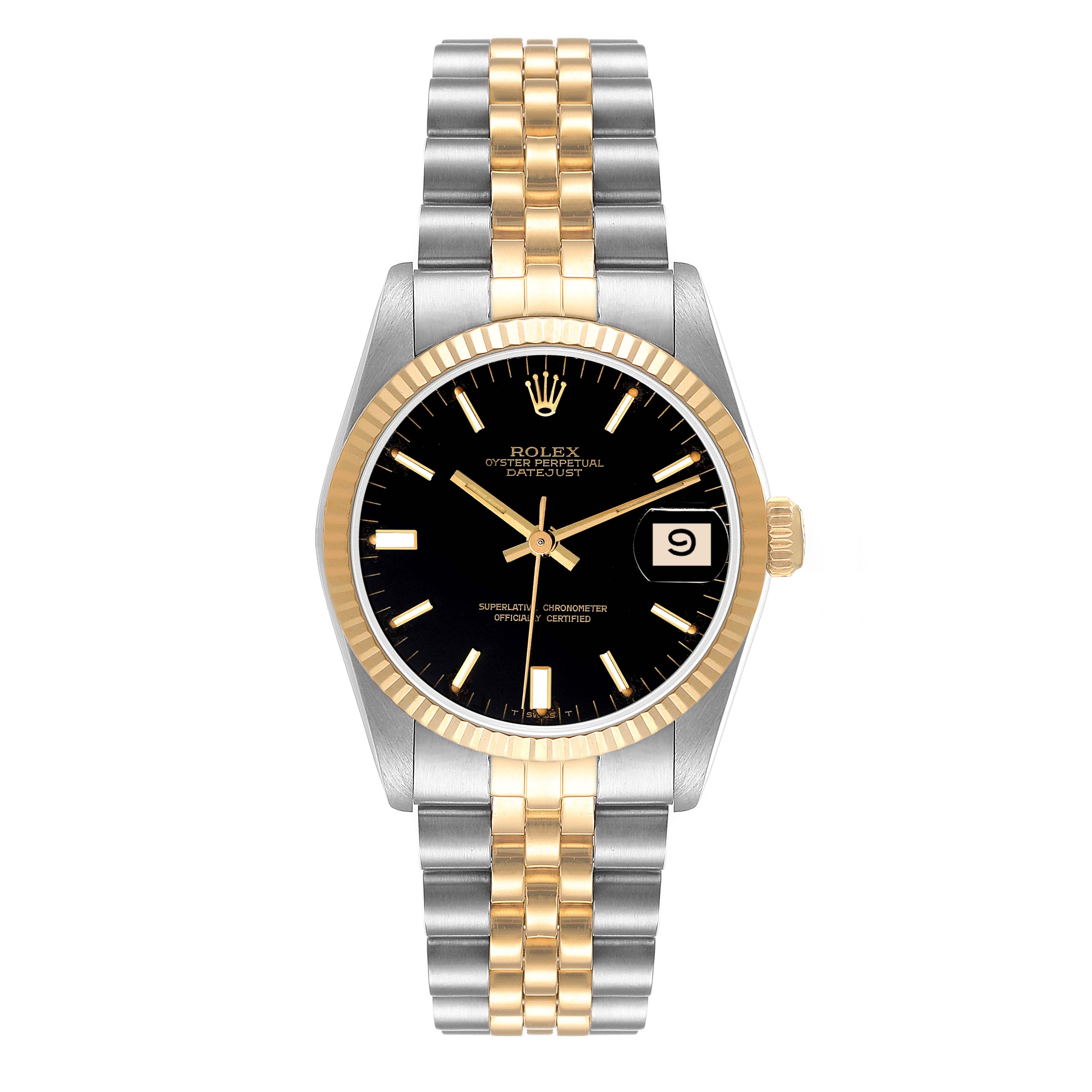 The image shows a Rolex Mid-Size 68273 Women
s Steel and Gold (two tone) Black Dial 68273 Women
s Steel and Gold (two tone) Black Dial model from a front angle, displaying the face, bezel, crown, and bracelet.