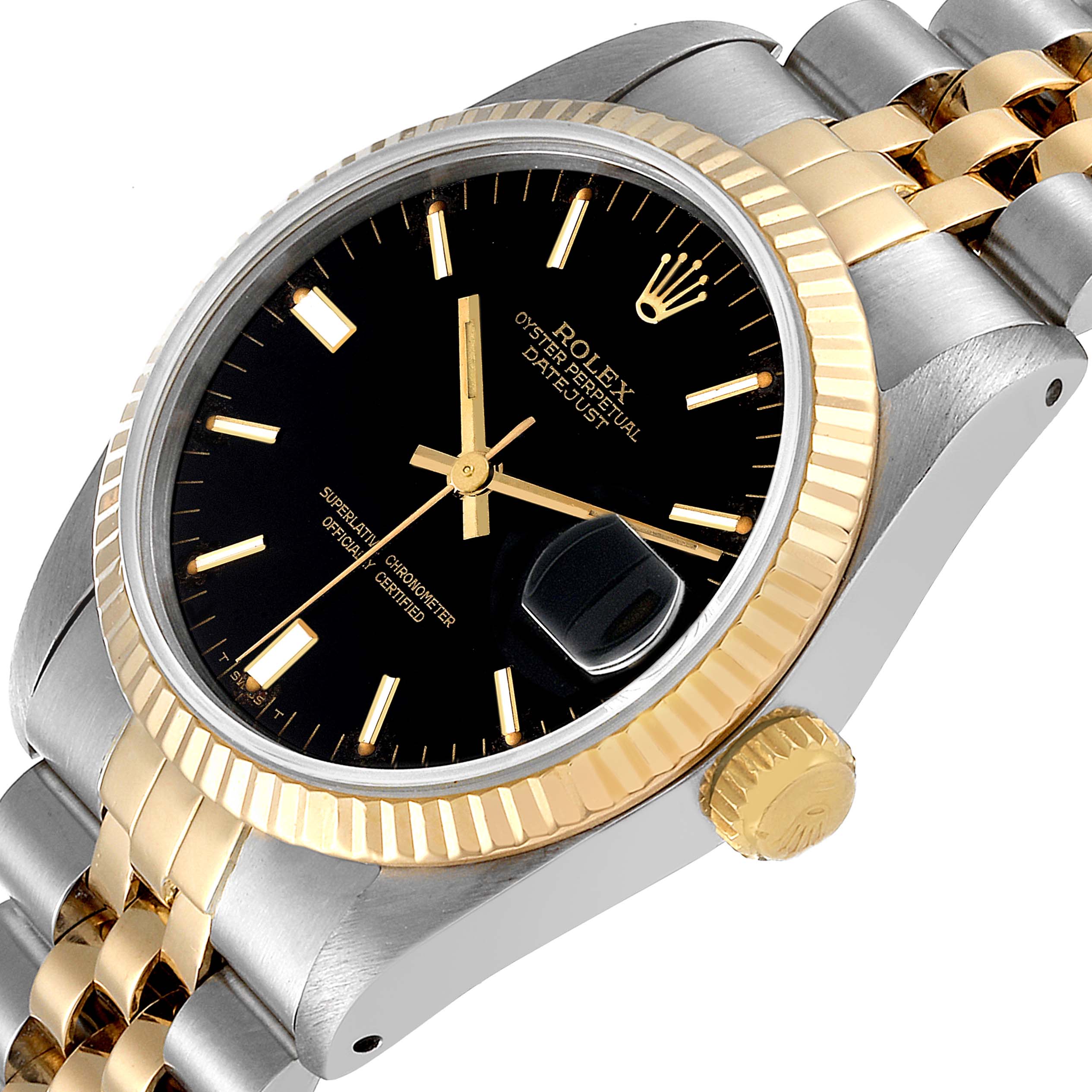 This Rolex Mid-Size 68273 Women
s Steel and Gold (two tone) Black Dial 68273 Women
s Steel and Gold (two tone) Black Dial model watch is shown at an angled view, displaying the black dial, gold bezel, and two-tone bracelet.