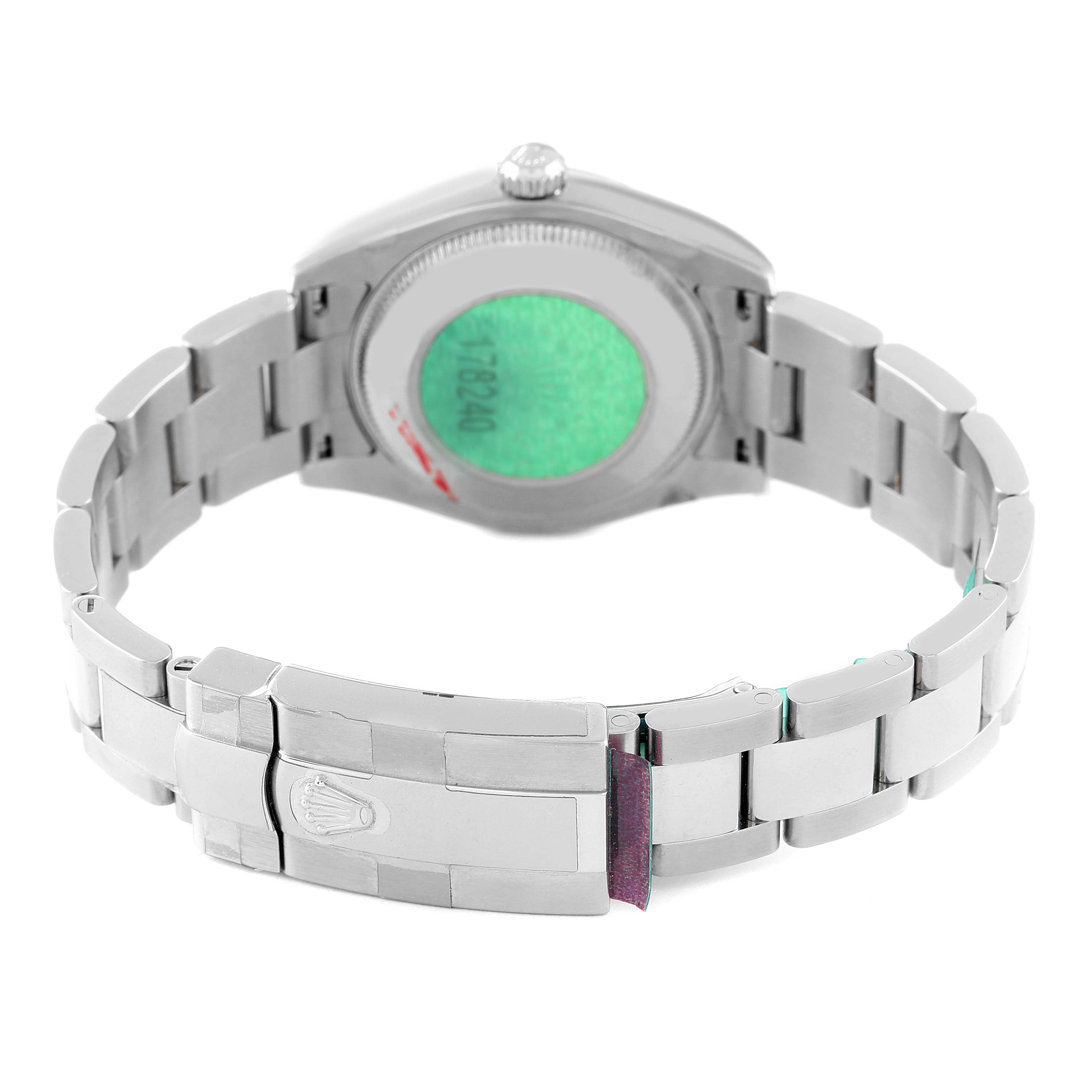 The image shows the back view of a Rolex Mid-Size 178240 Women's Stainless Steel Black Dial 178240 Women's Stainless Steel Black Dial model watch highlighting the clasp and bracelet.