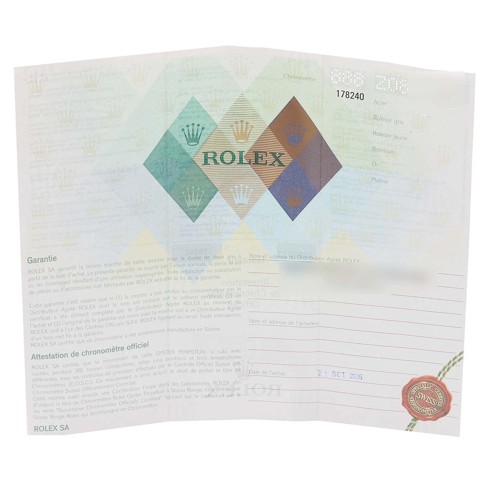 This image shows the warranty certificate and chronometer certification for a Rolex Mid-Size 178240 Women's Stainless Steel Black Dial 178240 Women's Stainless Steel Black Dial model watch.