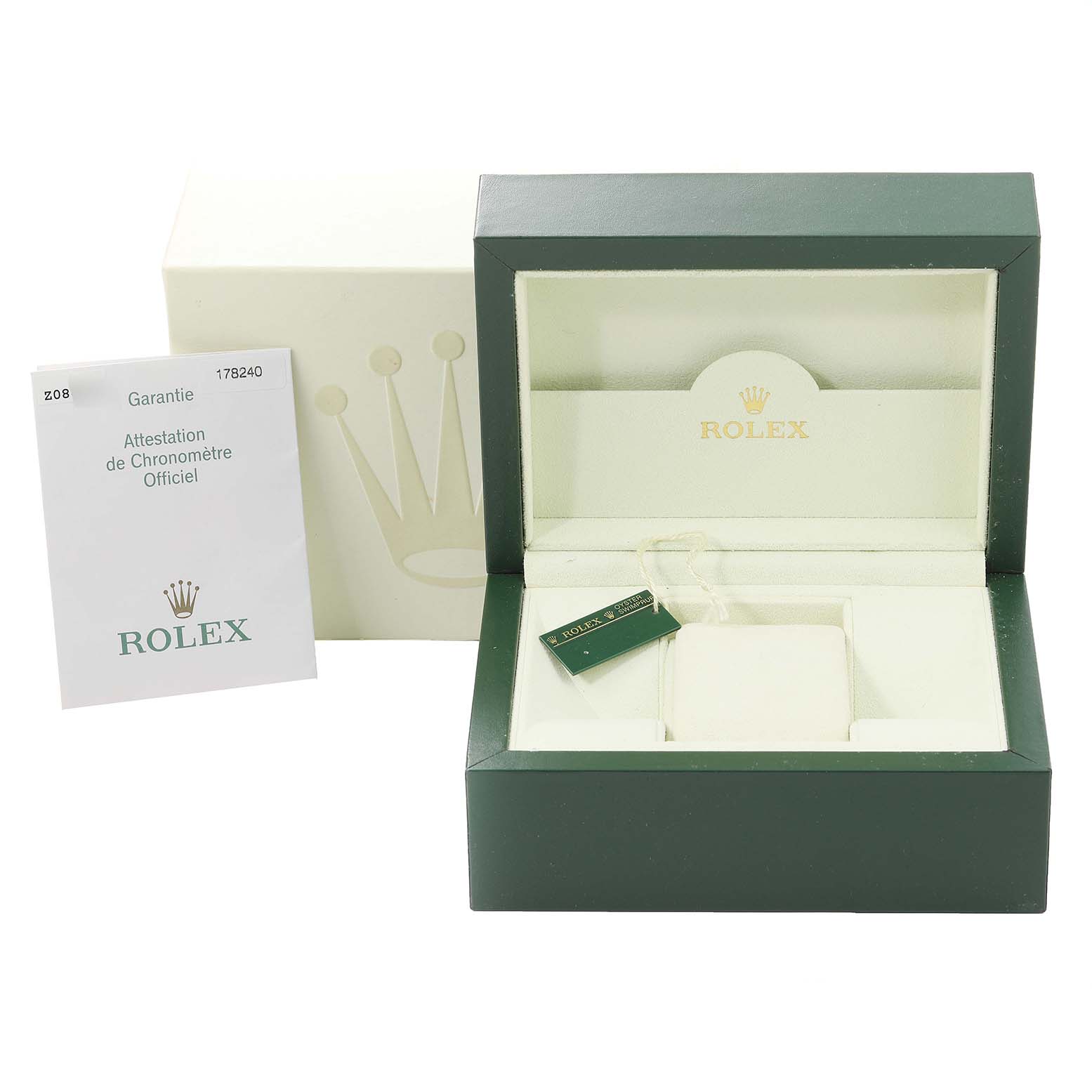 This image shows the packaging, tag, warranty, and box of a Rolex Mid-Size 178240 Women's Stainless Steel Black Dial 178240 Women's Stainless Steel Black Dial model watch.