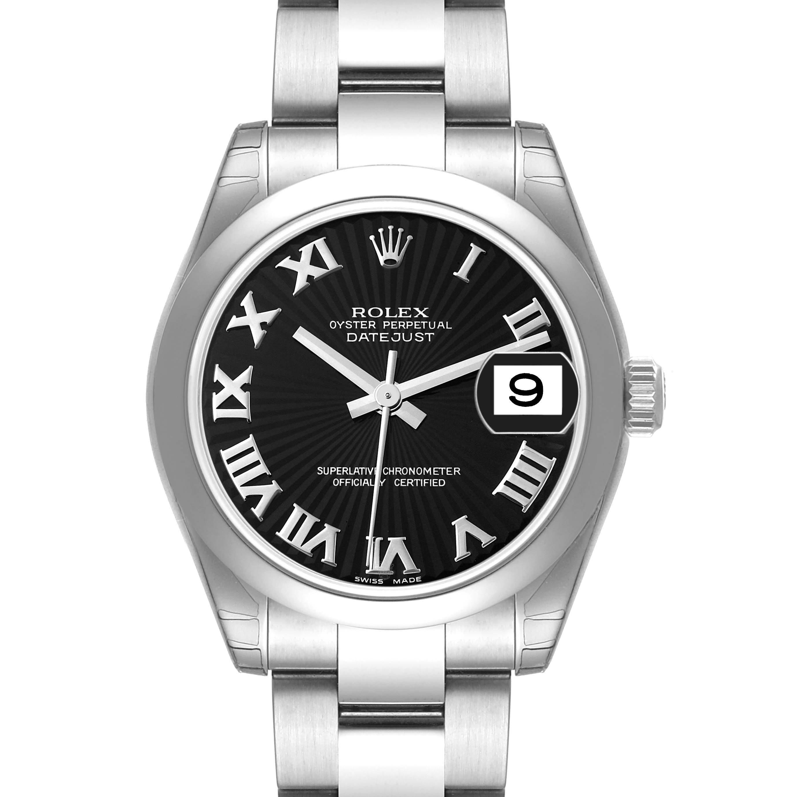 The image shows the face and part of the bracelet of a Rolex Datejust Mid-Size watch from a front angle.