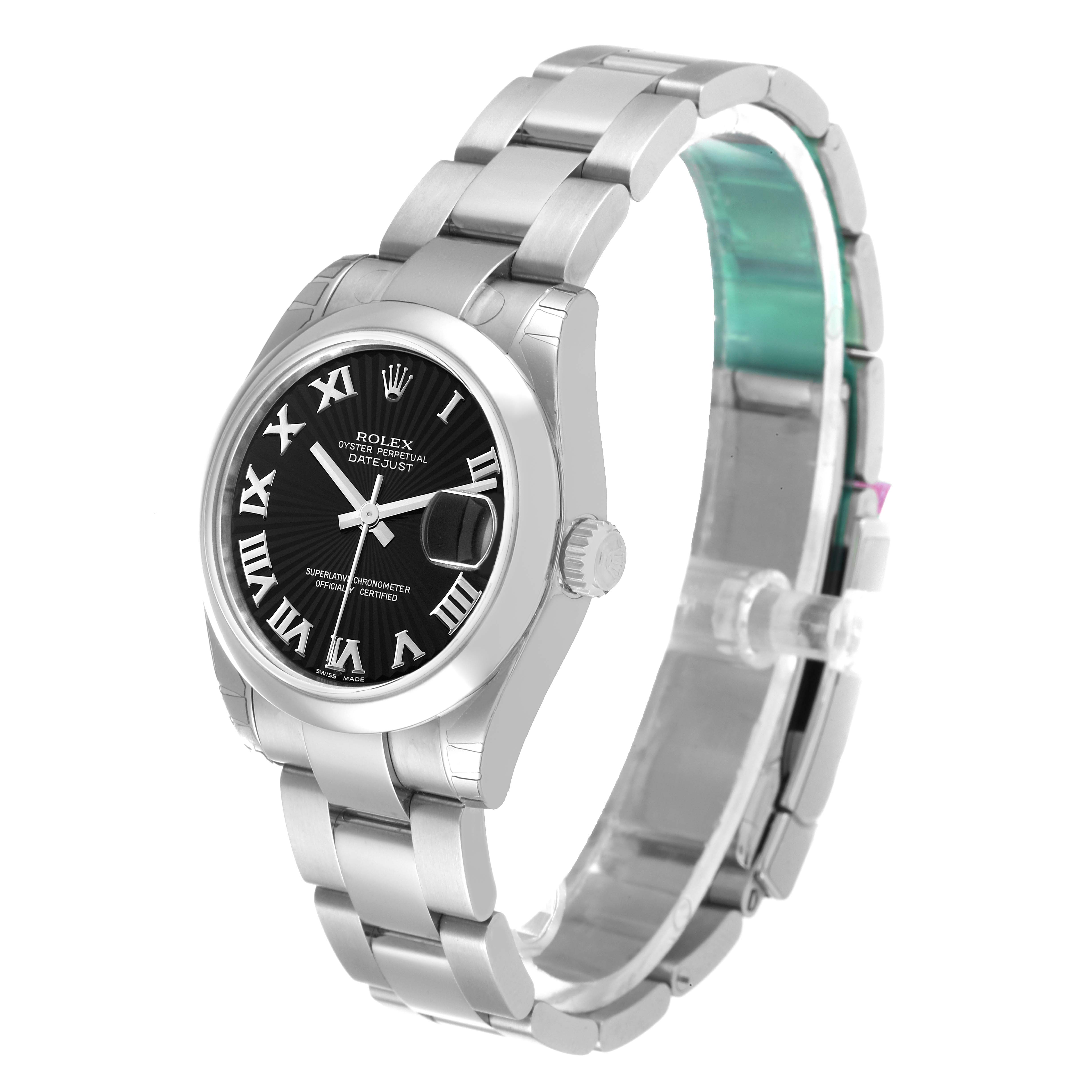 This image shows the front and left side of the Rolex Datejust Mid-Size watch, showcasing its dial, bracelet, and crown.