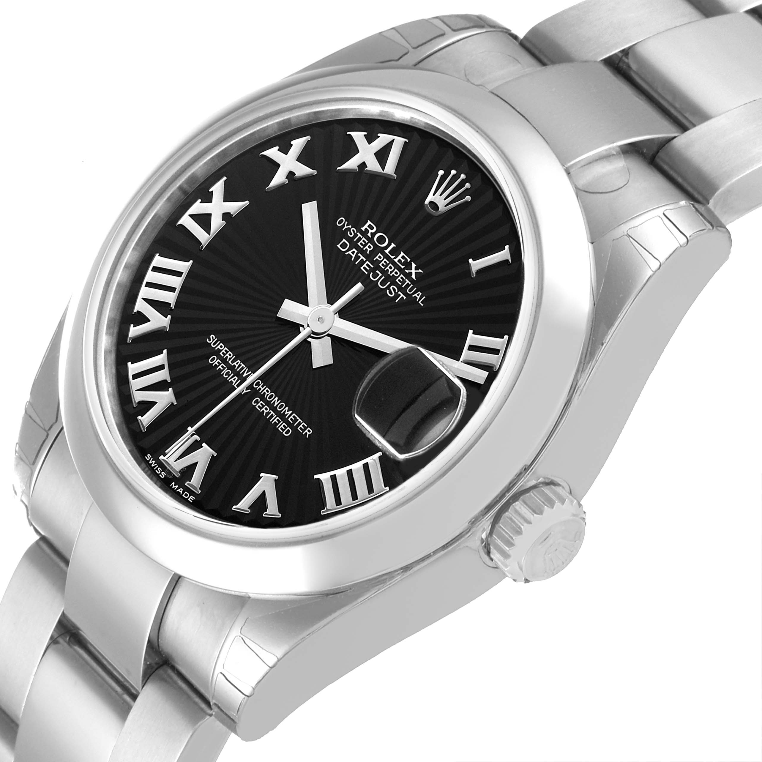 This image shows a close-up angle of the Rolex Mid-Size 178240 Women's Stainless Steel Black Dial 178240 Women's Stainless Steel Black Dial Oyster Perpetual Datejust, highlighting its face, crown, and partial bracelet.