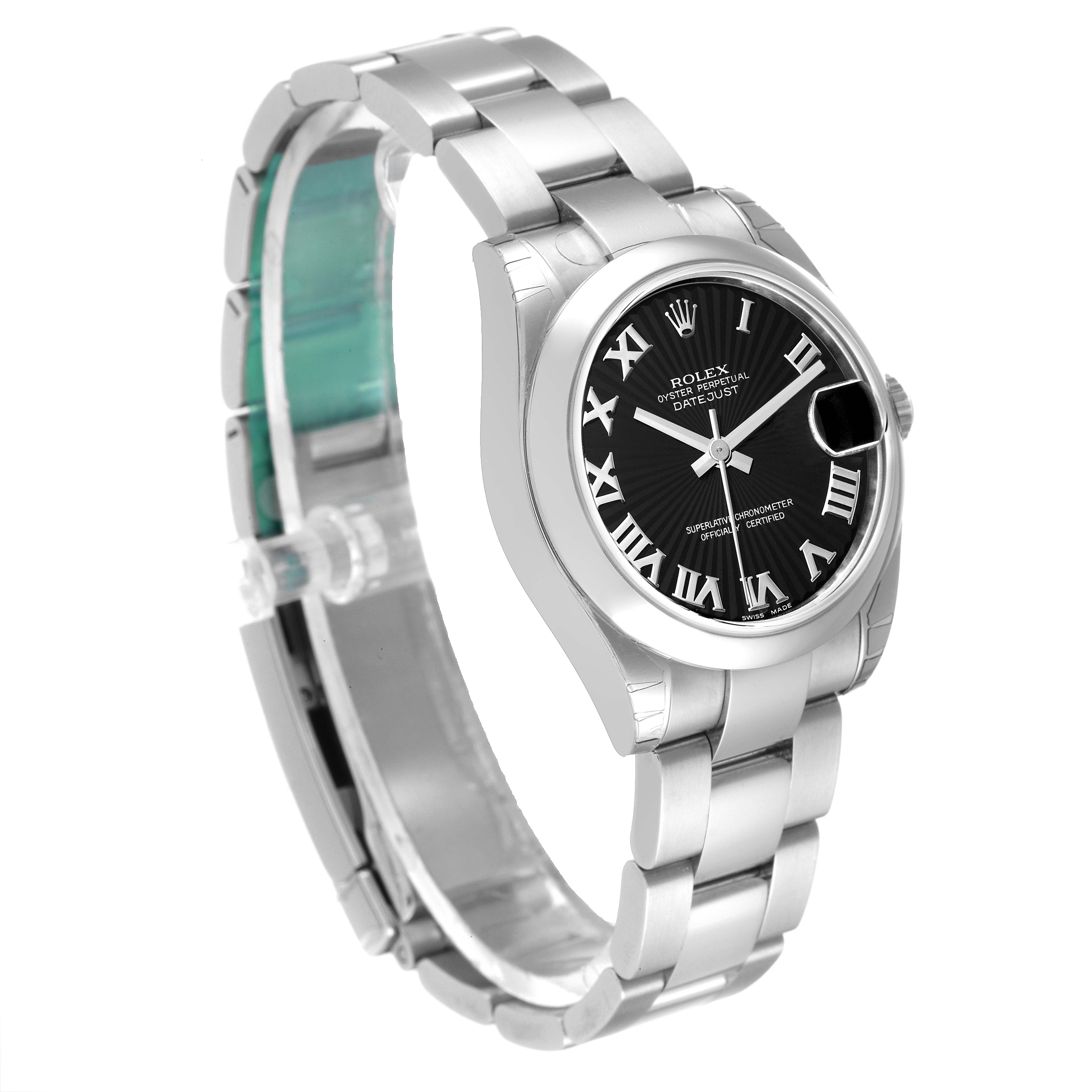 The image shows a Rolex Mid-Size 178240 Women's Stainless Steel Black Dial 178240 Women's Stainless Steel Black Dial Datejust watch angled slightly from the front, highlighting the face, bezel, and bracelet.