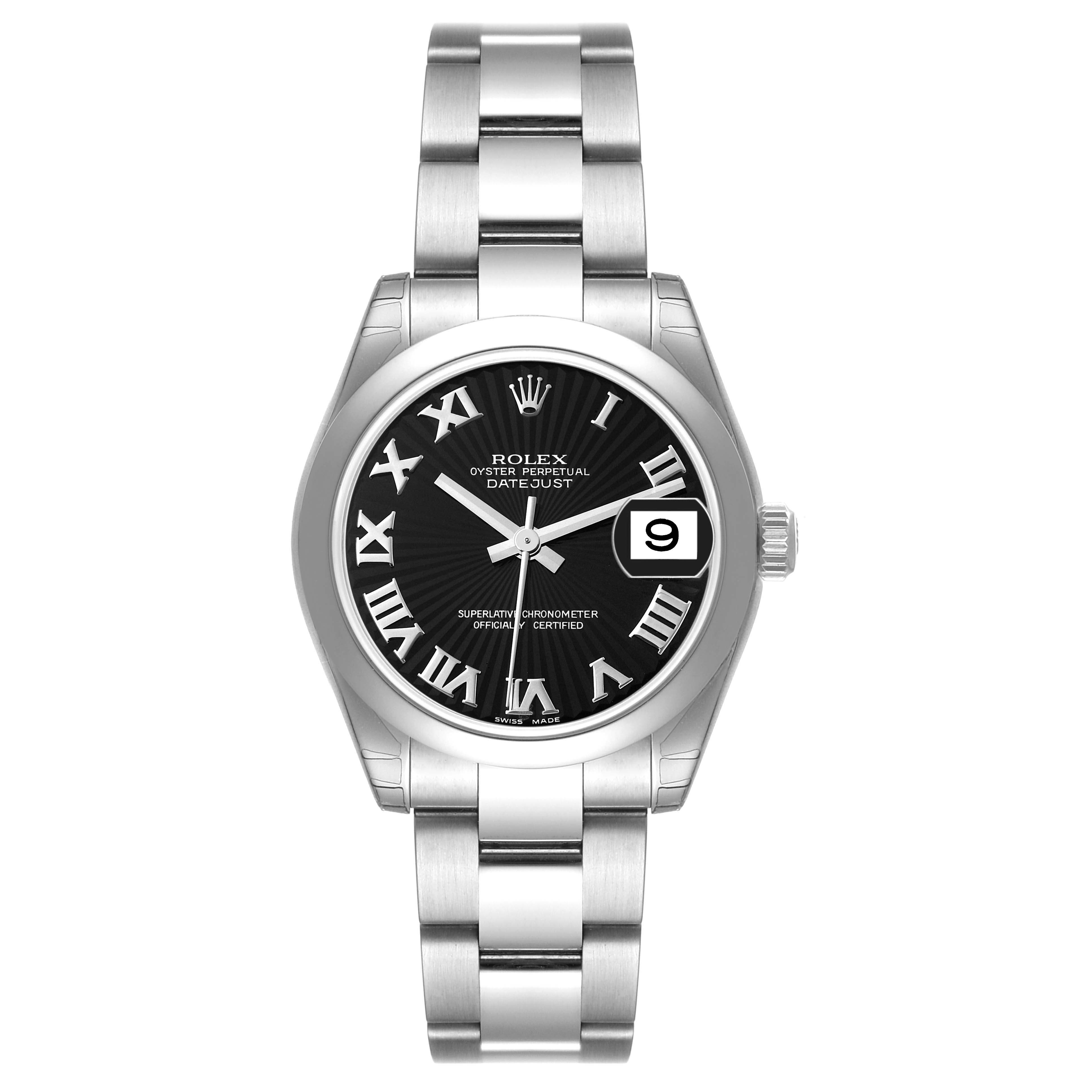 The image shows a frontal view of the Mid-Size Rolex Datejust watch, highlighting the dial, bezel, and bracelet.