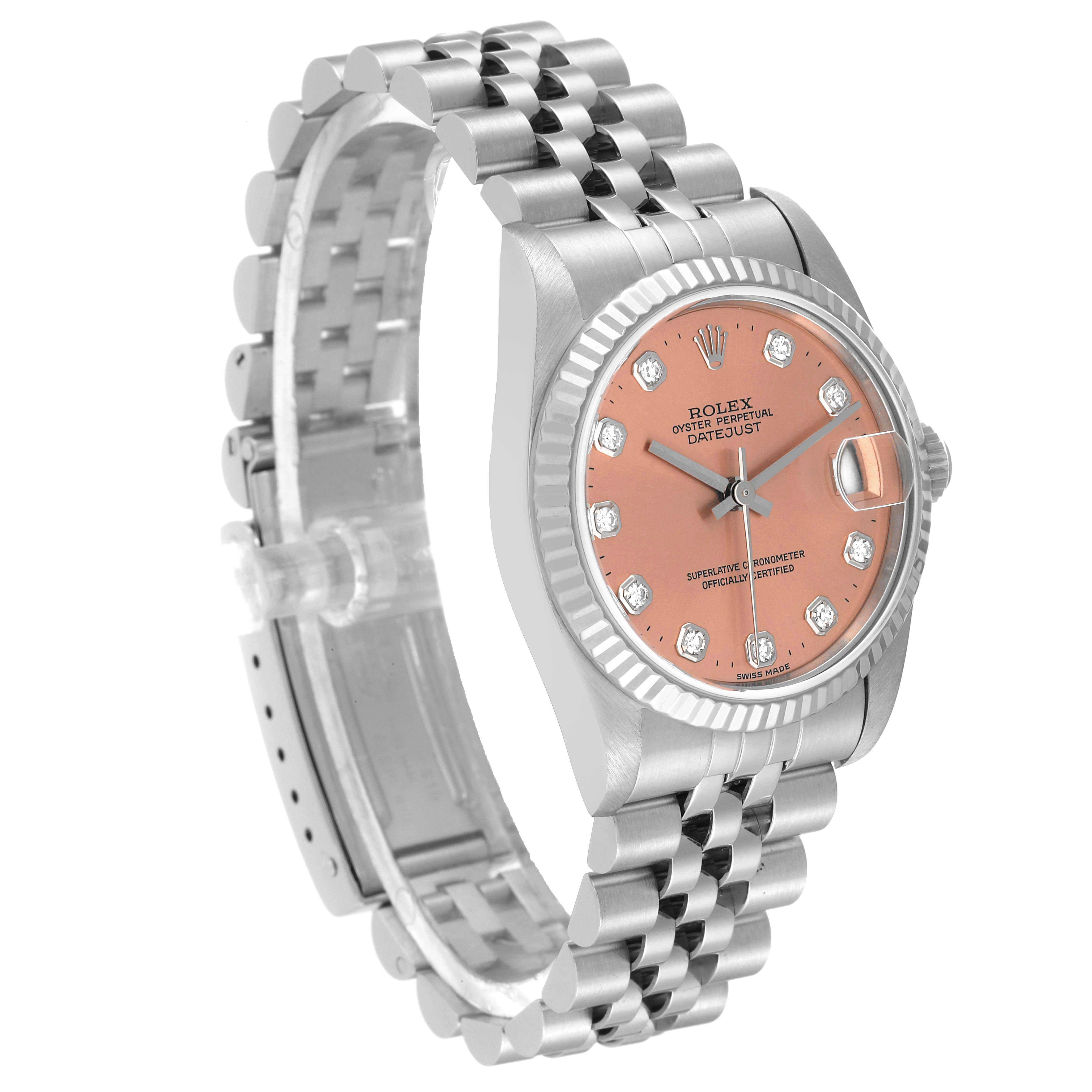 This image shows a side-angle view of the Rolex Datejust Mid-Size watch, highlighting its strap, dial, and bezel.