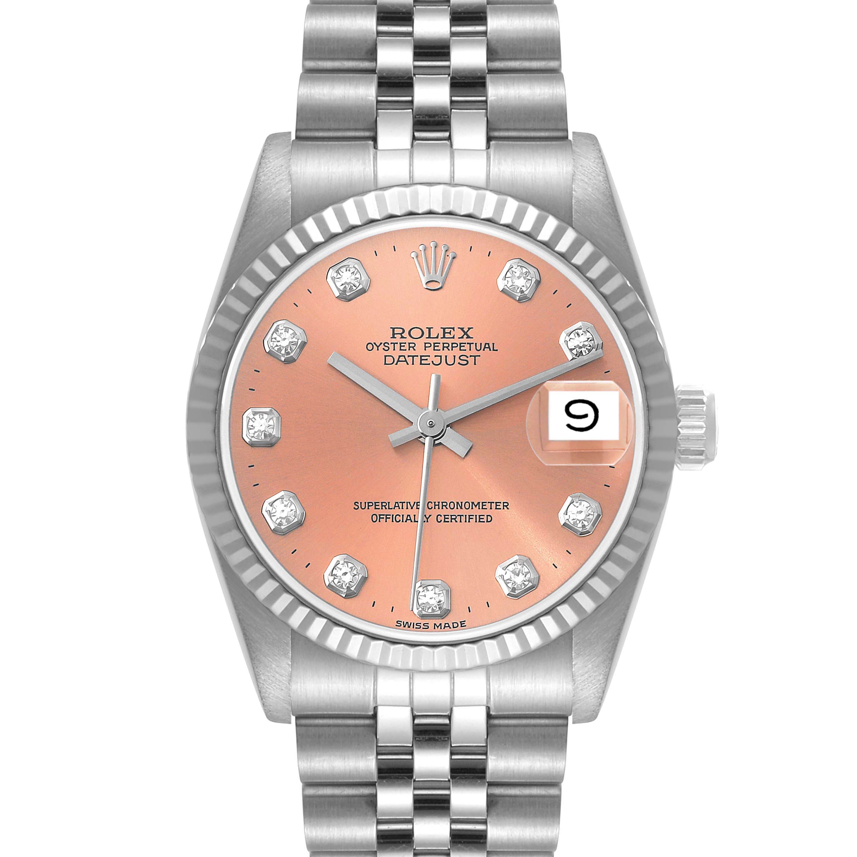 This image shows a front view of the Rolex Mid-Size 68274 Women
s Stainless Steel Pink Dial 68274 Women
s Stainless Steel Pink Dial Datejust watch, displaying the dial, bezel, and bracelet.