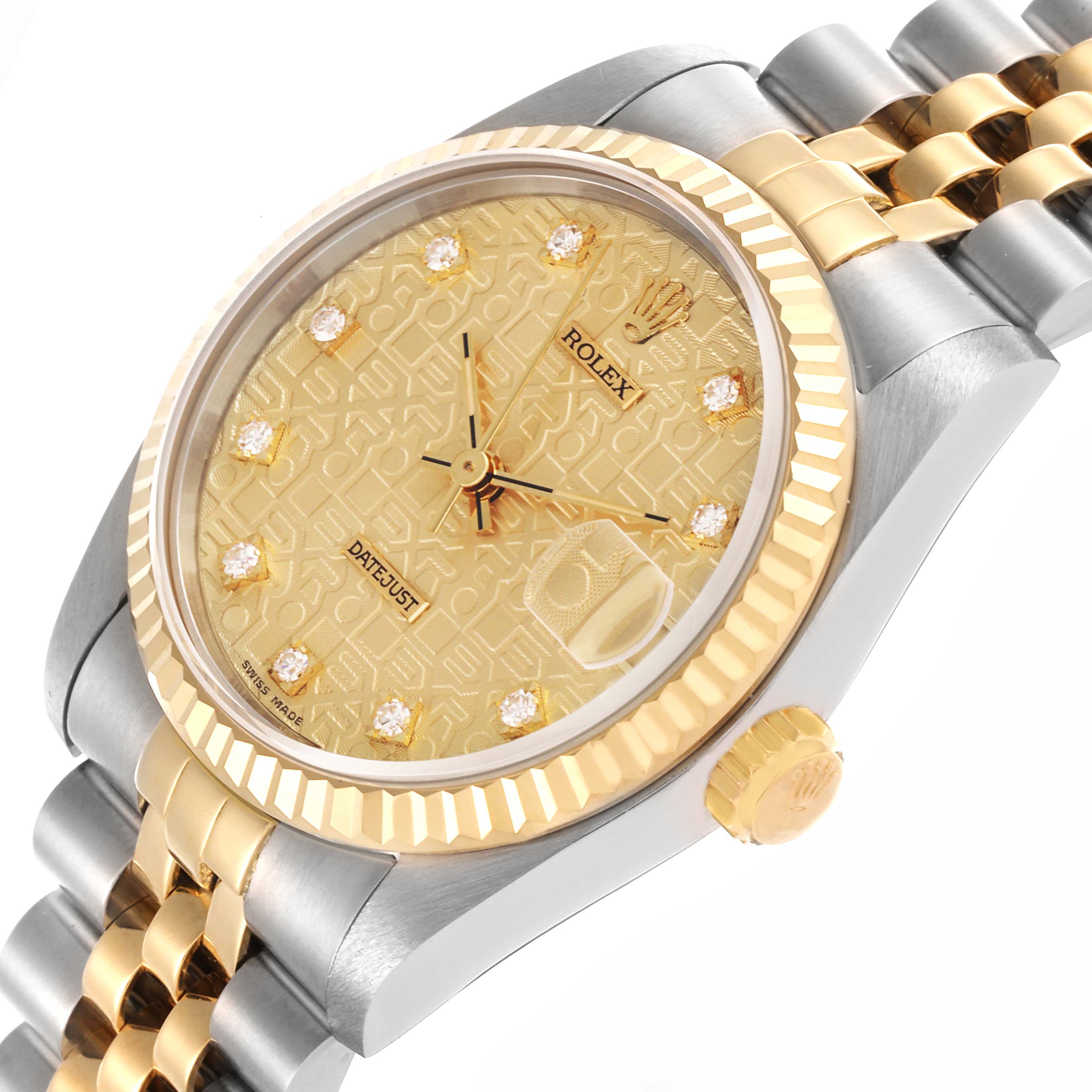 The Rolex Datejust Mid-Size is shown at an angled view, displaying the watch face, fluted bezel, and part of the bracelet.
