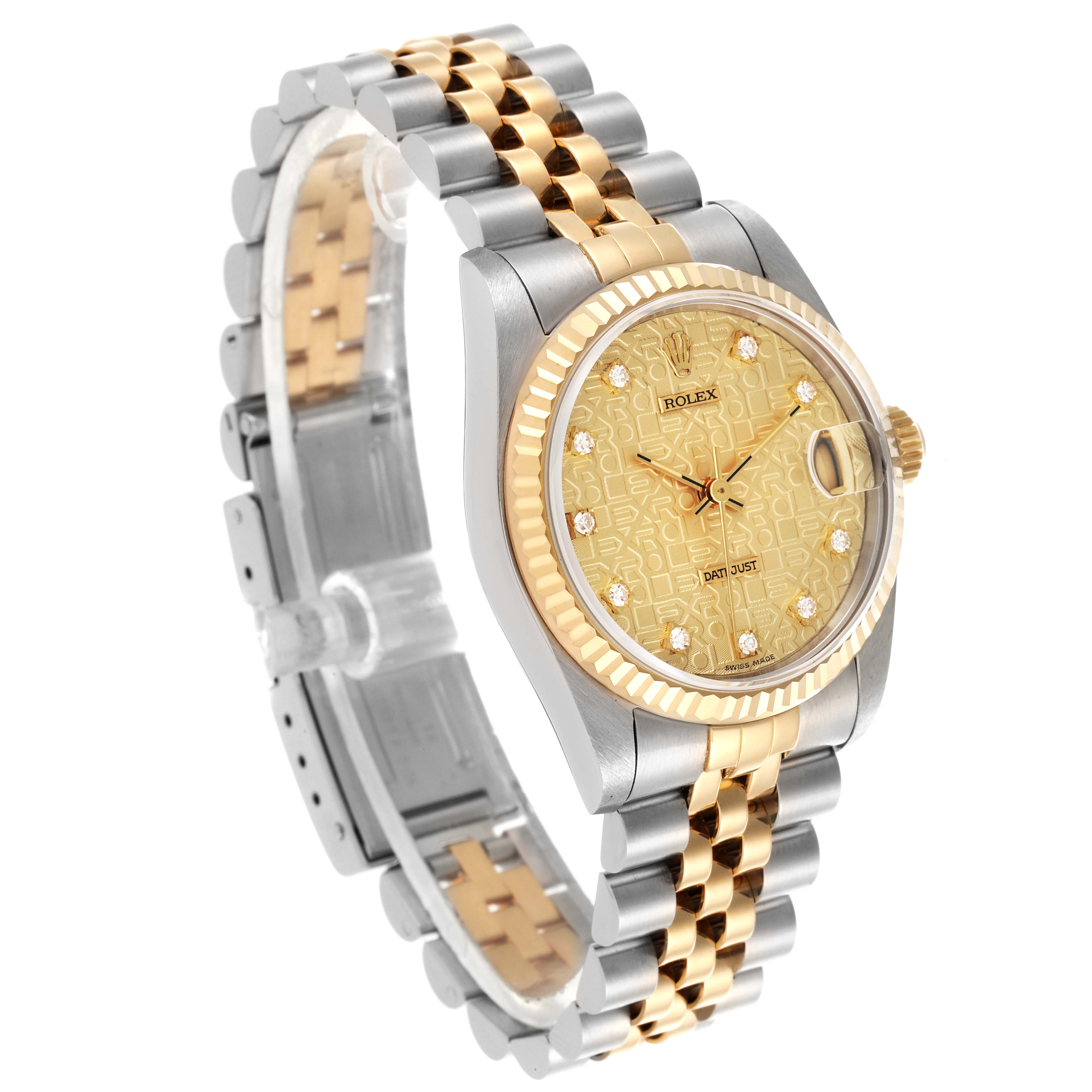 This image shows a Rolex Mid-Size 68273 Women's Steel and Gold (two tone) Champagne Dial 68273 Women's Steel and Gold (two tone) Champagne Dial watch at a three-quarter angle, displaying the face, bezel, and linked bracelet.
