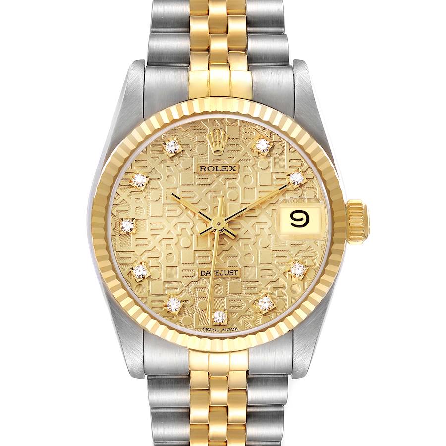 The image shows a frontal view of a Rolex Mid-Size watch with a gold and silver bracelet, fluted bezel, and patterned dial.