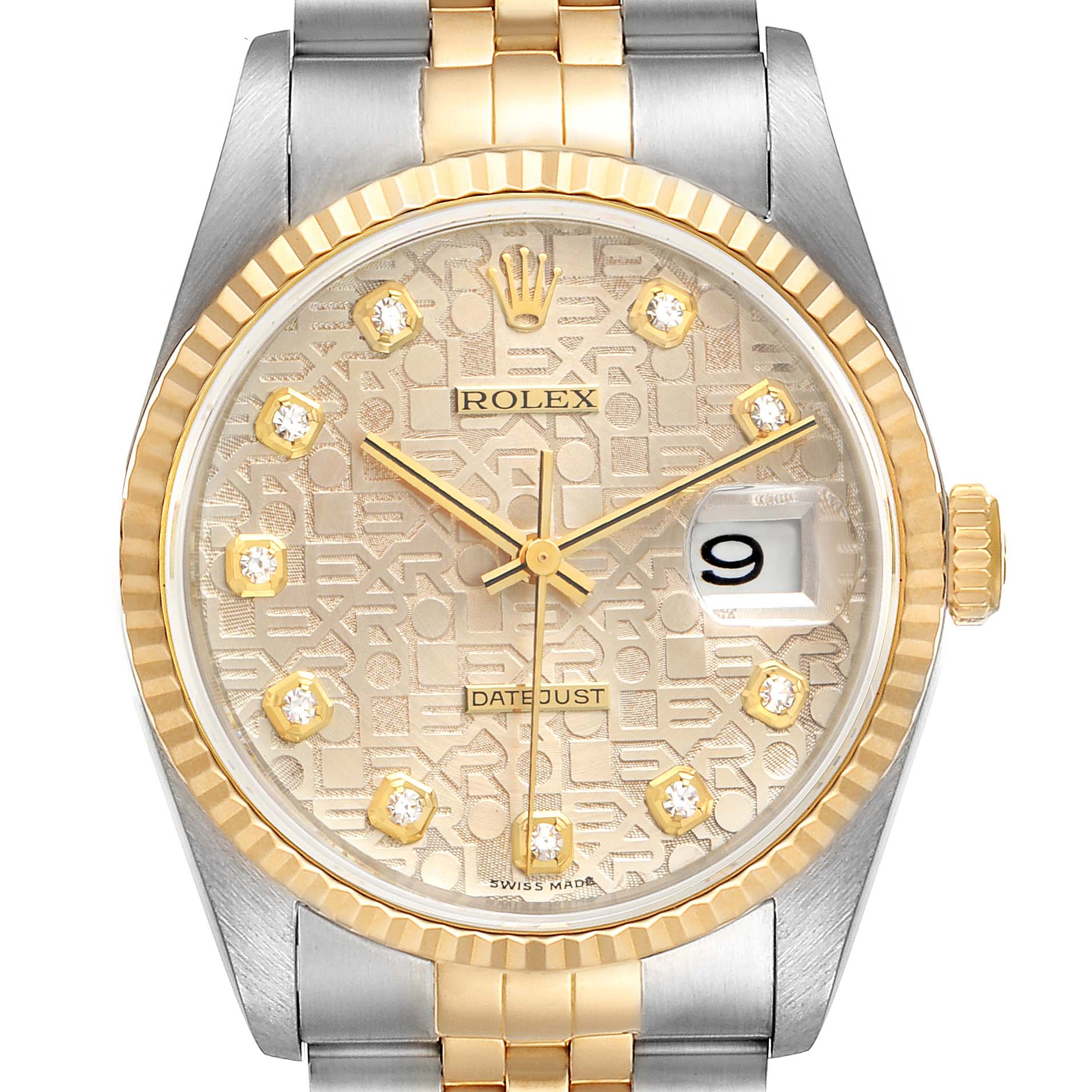 The image shows a front view of the Rolex Datejust 16233 Men
s Steel and Gold (two tone) Silver Dial 16233 Men
s Steel and Gold (two tone) Silver Dial model, highlighting the dial, bezel, hands, bracelet, and date window.