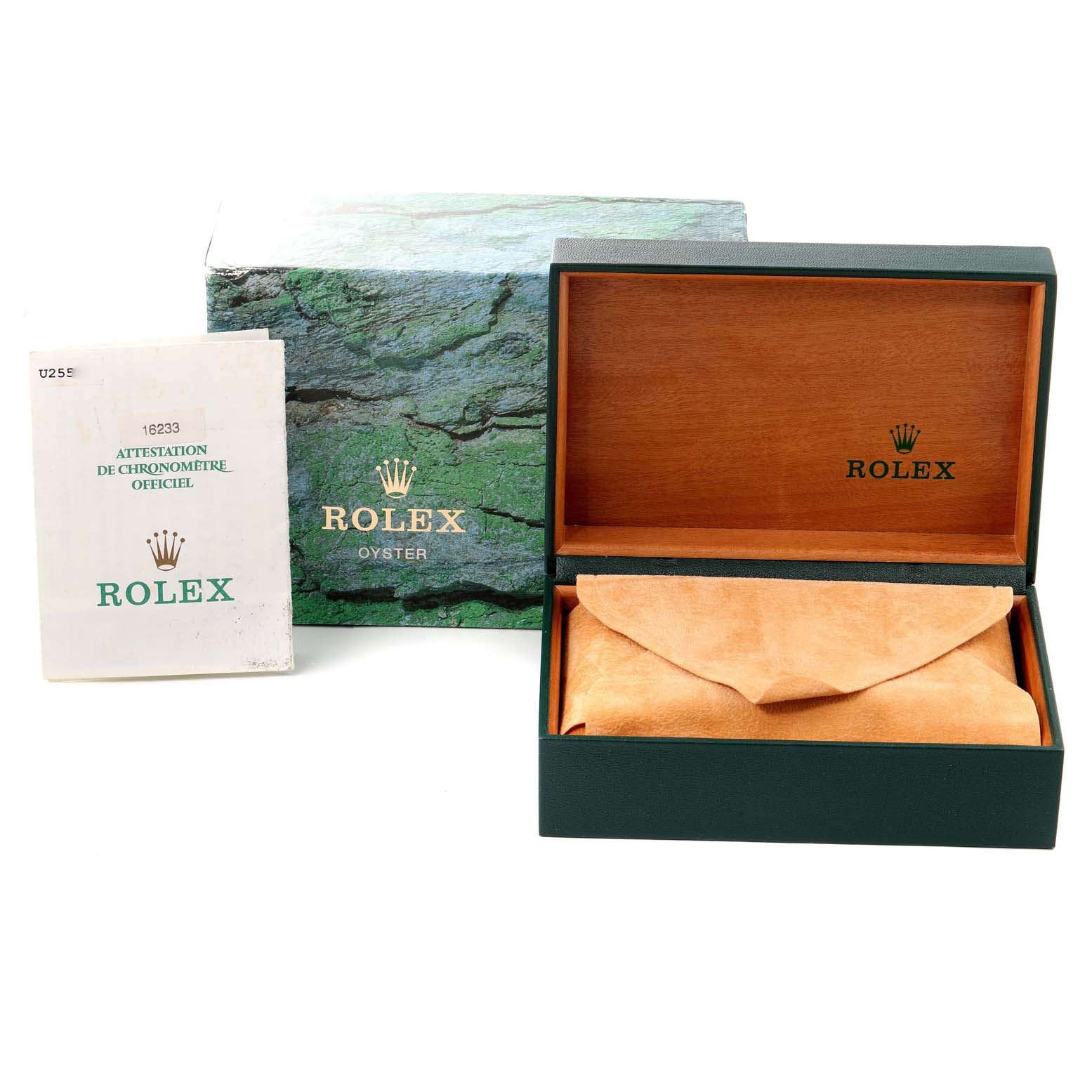 The image shows the packaging and booklet of a Rolex Datejust 16233 Men
s Steel and Gold (two tone) Silver Dial 16233 Men
s Steel and Gold (two tone) Silver Dial model, including a green outer box, inner wooden box, and certification document.