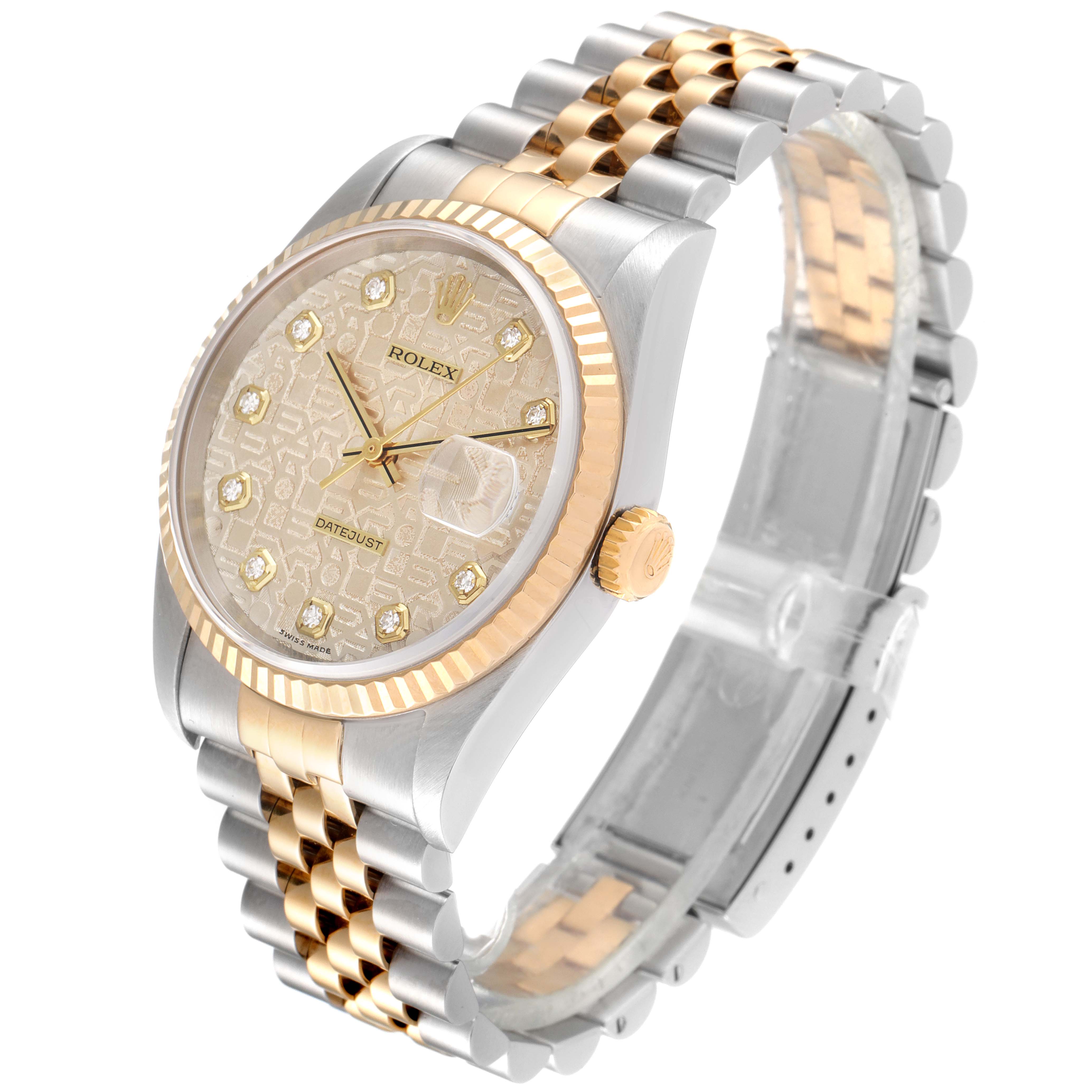 The Rolex Datejust 16233 Men
s Steel and Gold (two tone) Silver Dial 16233 Men
s Steel and Gold (two tone) Silver Dial watch is shown at a three-quarter angle, highlighting its face, bezel, and two-tone bracelet.