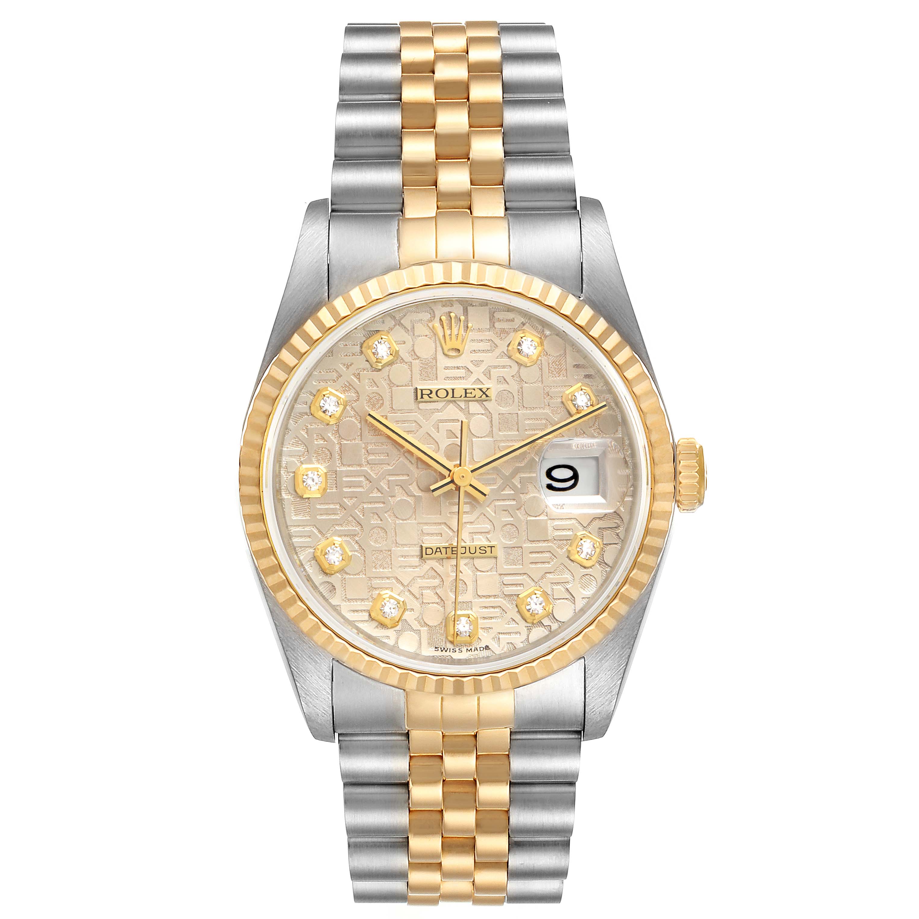 This is a front view of a Rolex Datejust 16233 Men
s Steel and Gold (two tone) Silver Dial 16233 Men
s Steel and Gold (two tone) Silver Dial watch showing the face, bezel, crown, and bracelet.