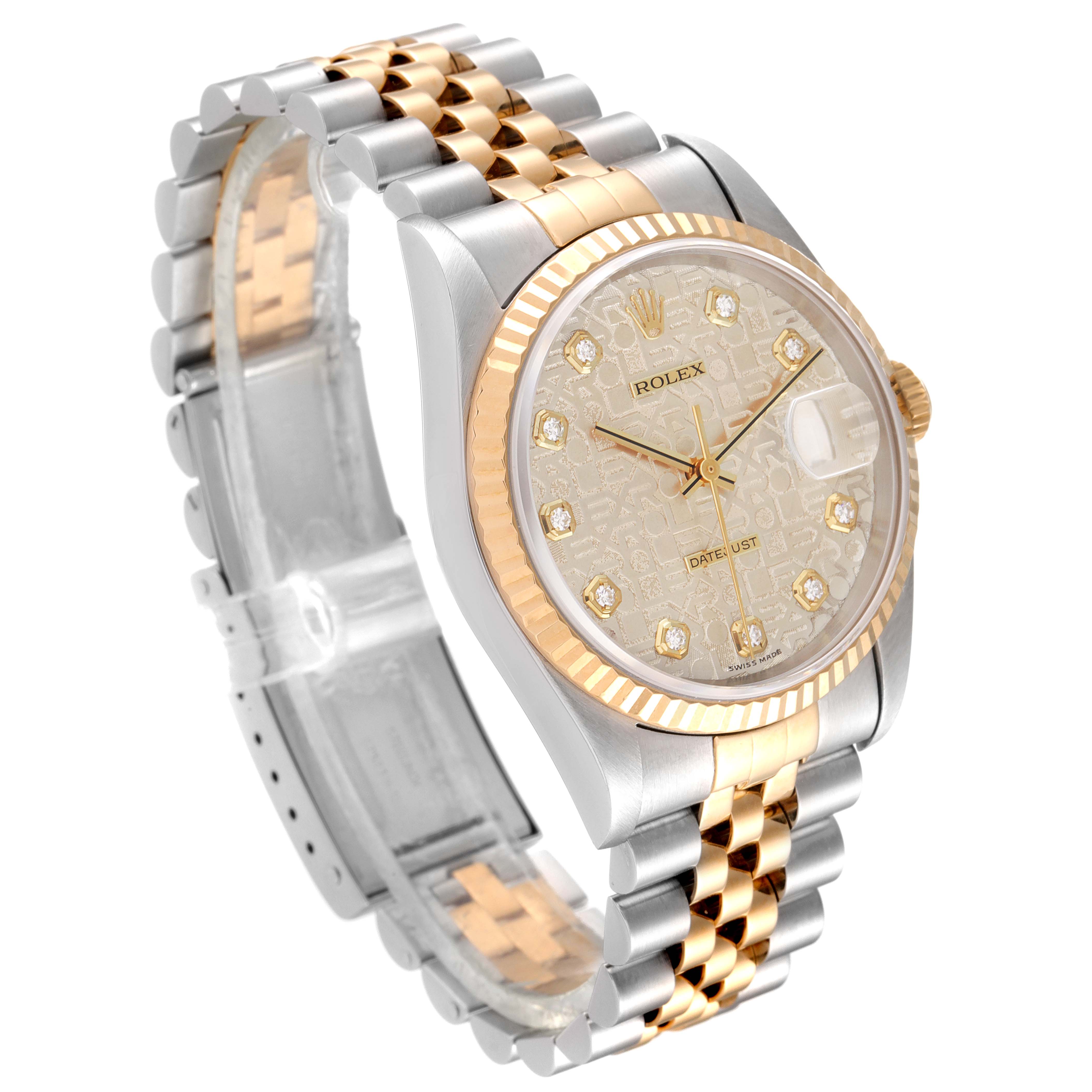 The image displays a Rolex Datejust 16233 Men
s Steel and Gold (two tone) Silver Dial 16233 Men
s Steel and Gold (two tone) Silver Dial watch from a three-quarter front angle, highlighting its face, bezel, and two-tone bracelet.