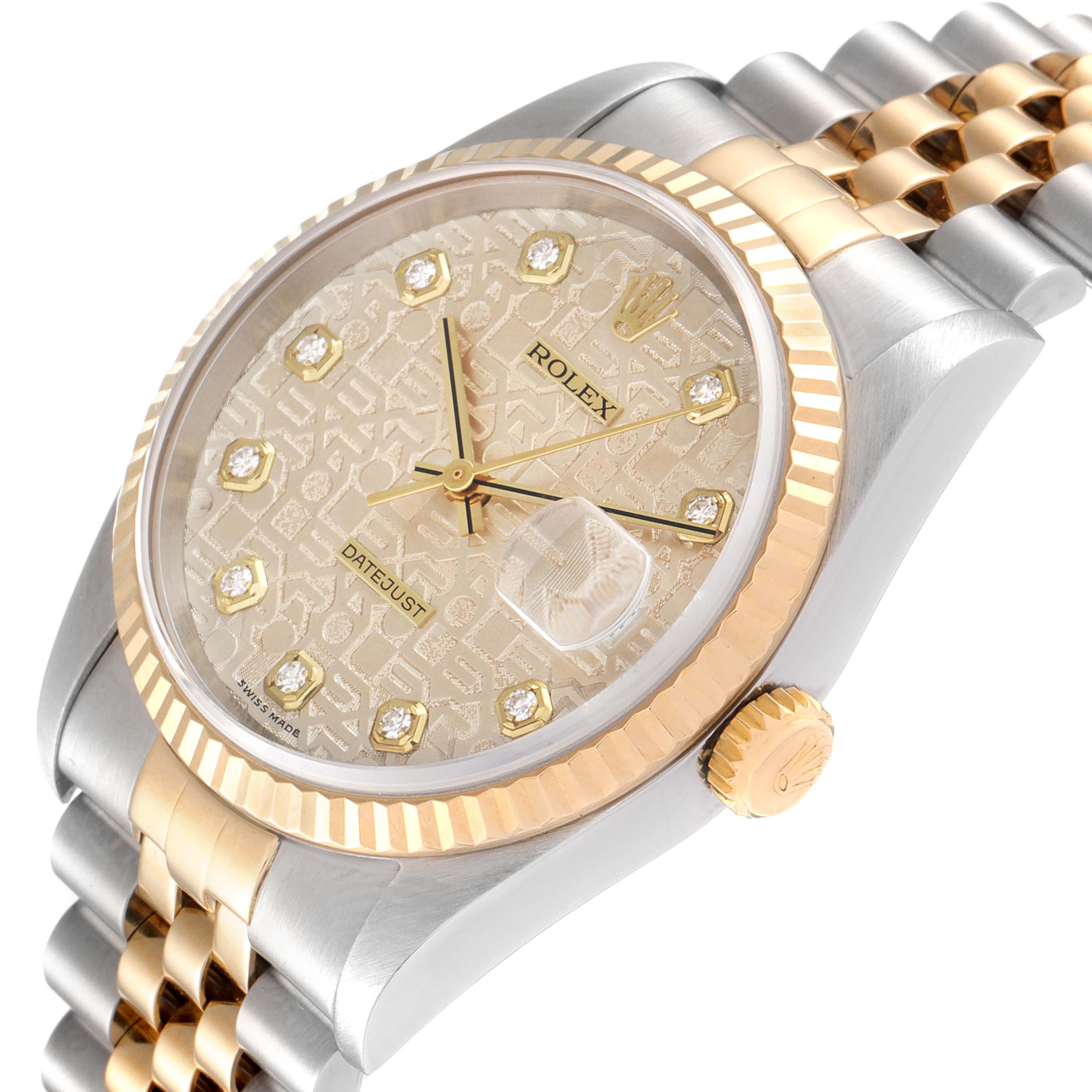 The image shows a close-up angled view of the Rolex Datejust 16233 Men
s Steel and Gold (two tone) Silver Dial 16233 Men
s Steel and Gold (two tone) Silver Dial watch, highlighting the dial, bezel, crown, and part of the bracelet.