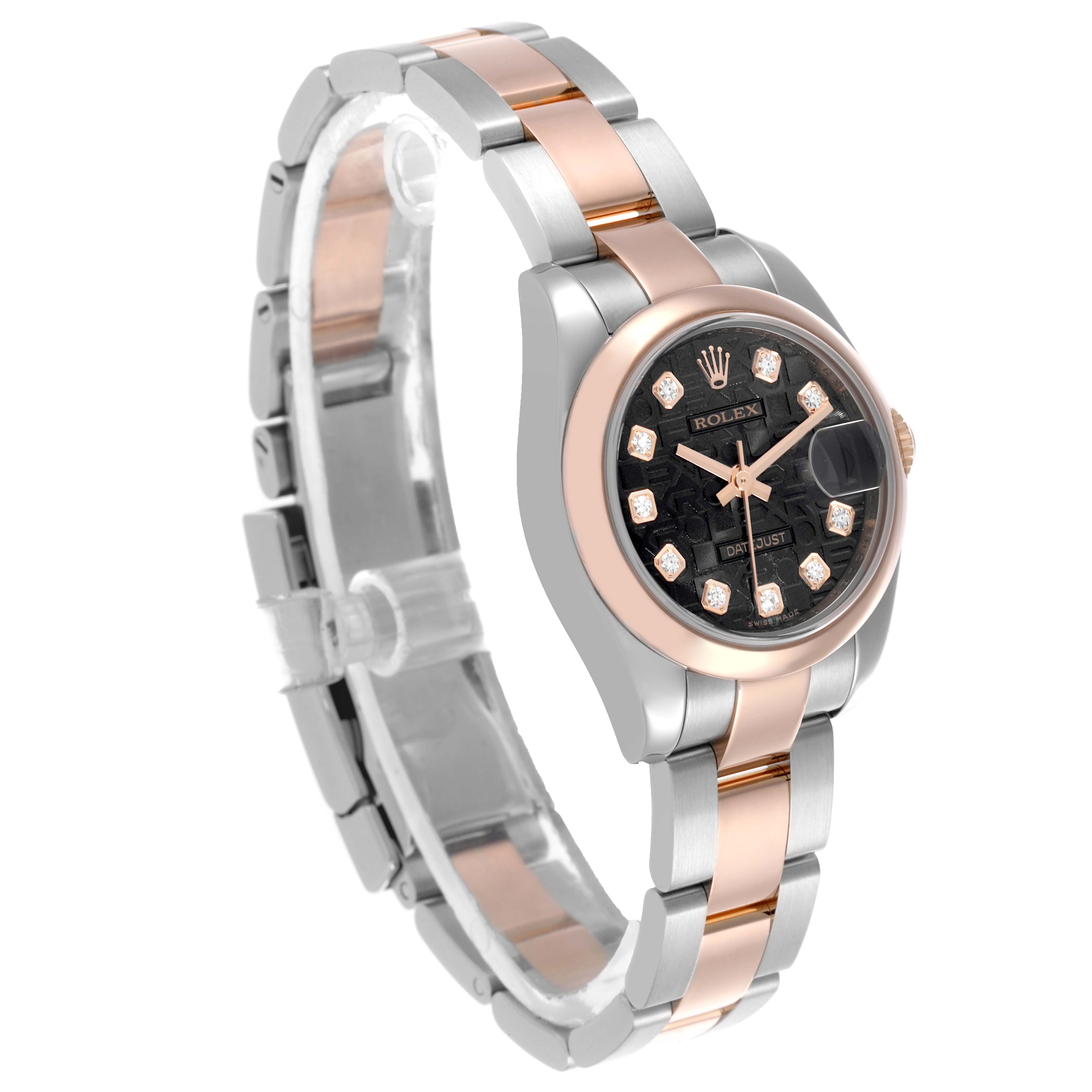 The image shows a Rolex Datejust 179161 Women's Steel and Gold (two tone) Black Dial 179161 Women's Steel and Gold (two tone) Black Dial watch at an angled side view, highlighting the bezel, dial, and bracelet.