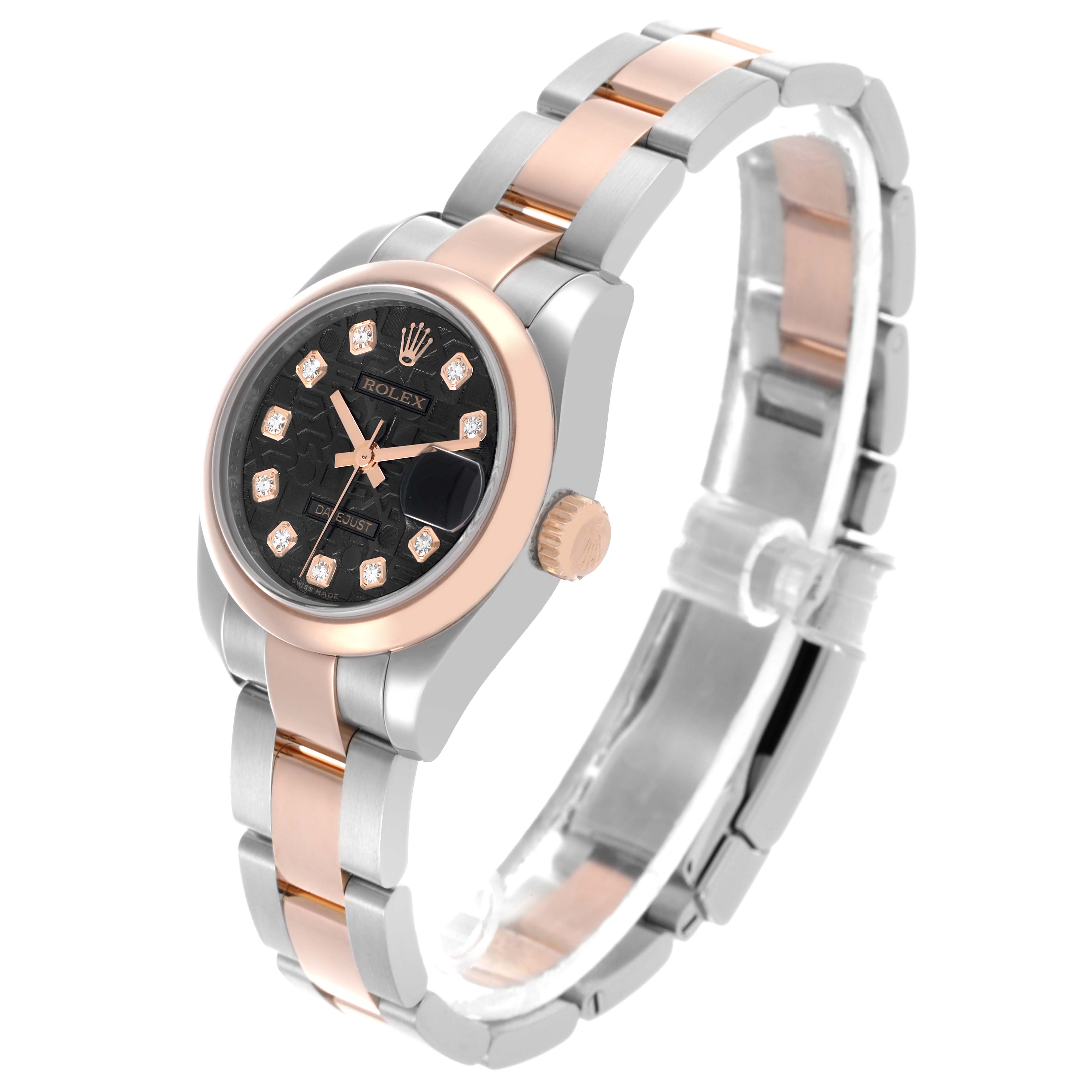 The Rolex Datejust 179161 Women's Steel and Gold (two tone) Black Dial 179161 Women's Steel and Gold (two tone) Black Dial watch is shown at a slight angle highlighting the black dial, two-tone bracelet, and diamond hour markers.