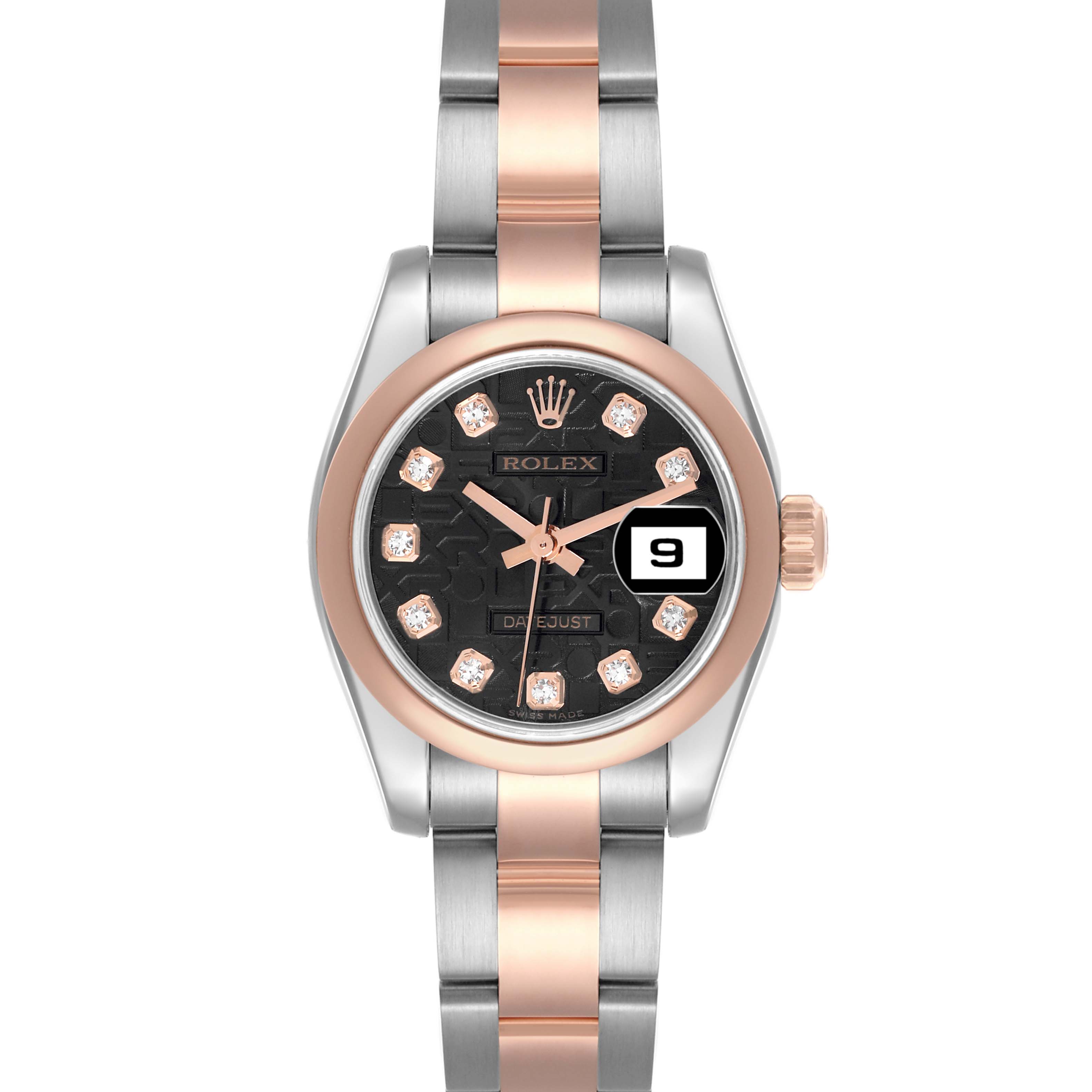 The image shows a frontal view of the Rolex Datejust 179161 Women's Steel and Gold (two tone) Black Dial 179161 Women's Steel and Gold (two tone) Black Dial, highlighting the watch face, bezel, and bracelet.