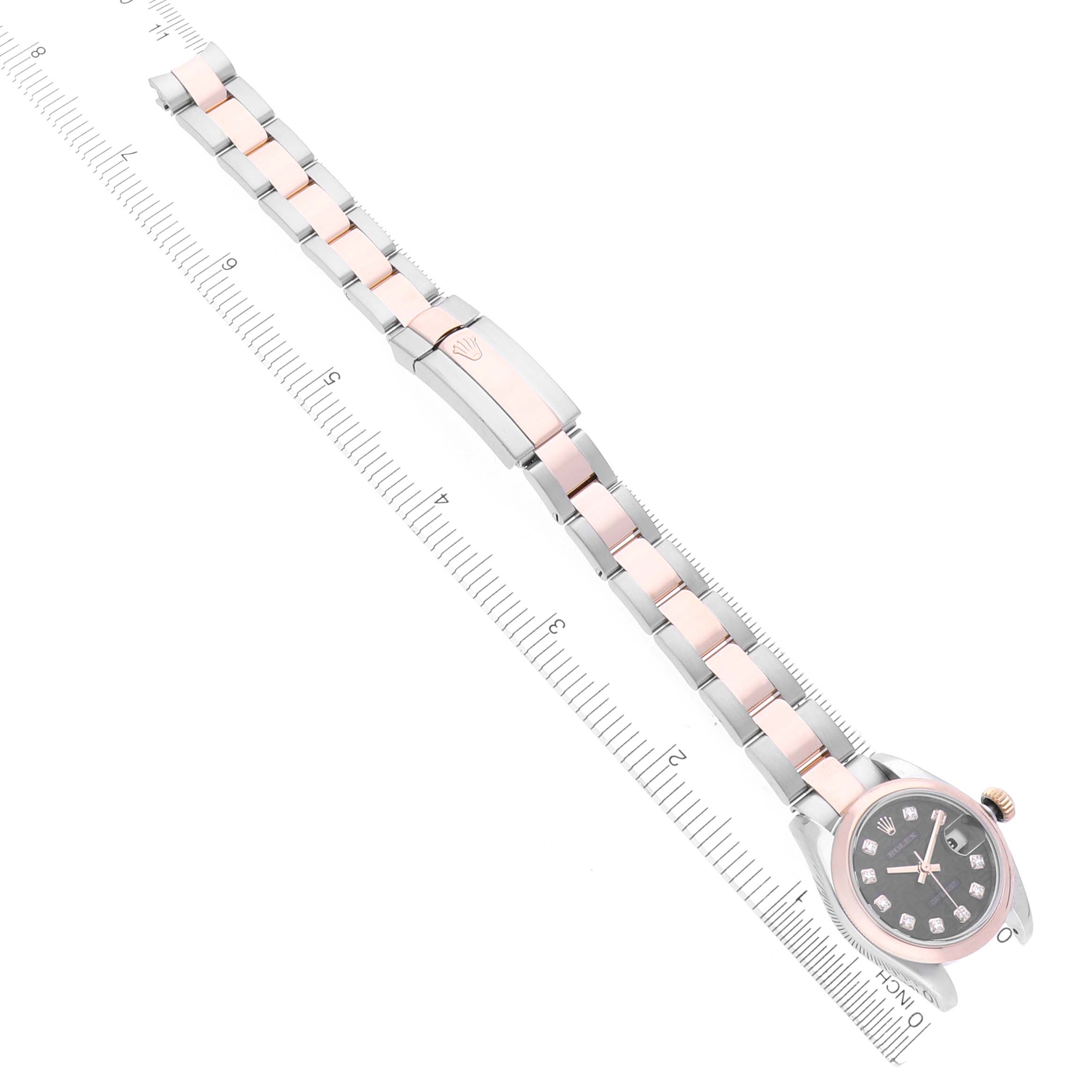 The Rolex Datejust 179161 Women's Steel and Gold (two tone) Black Dial 179161 Women's Steel and Gold (two tone) Black Dial watch is shown from an angled top view, displaying the full bracelet and face.