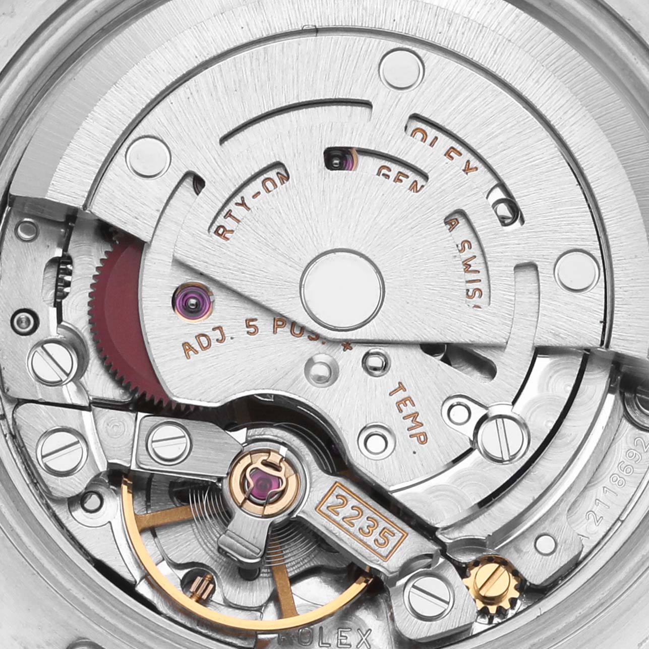 The image shows the intricate movement mechanism of the Rolex Datejust 179161 Women's Steel and Gold (two tone) Black Dial 179161 Women's Steel and Gold (two tone) Black Dial watch from a top-down angle.