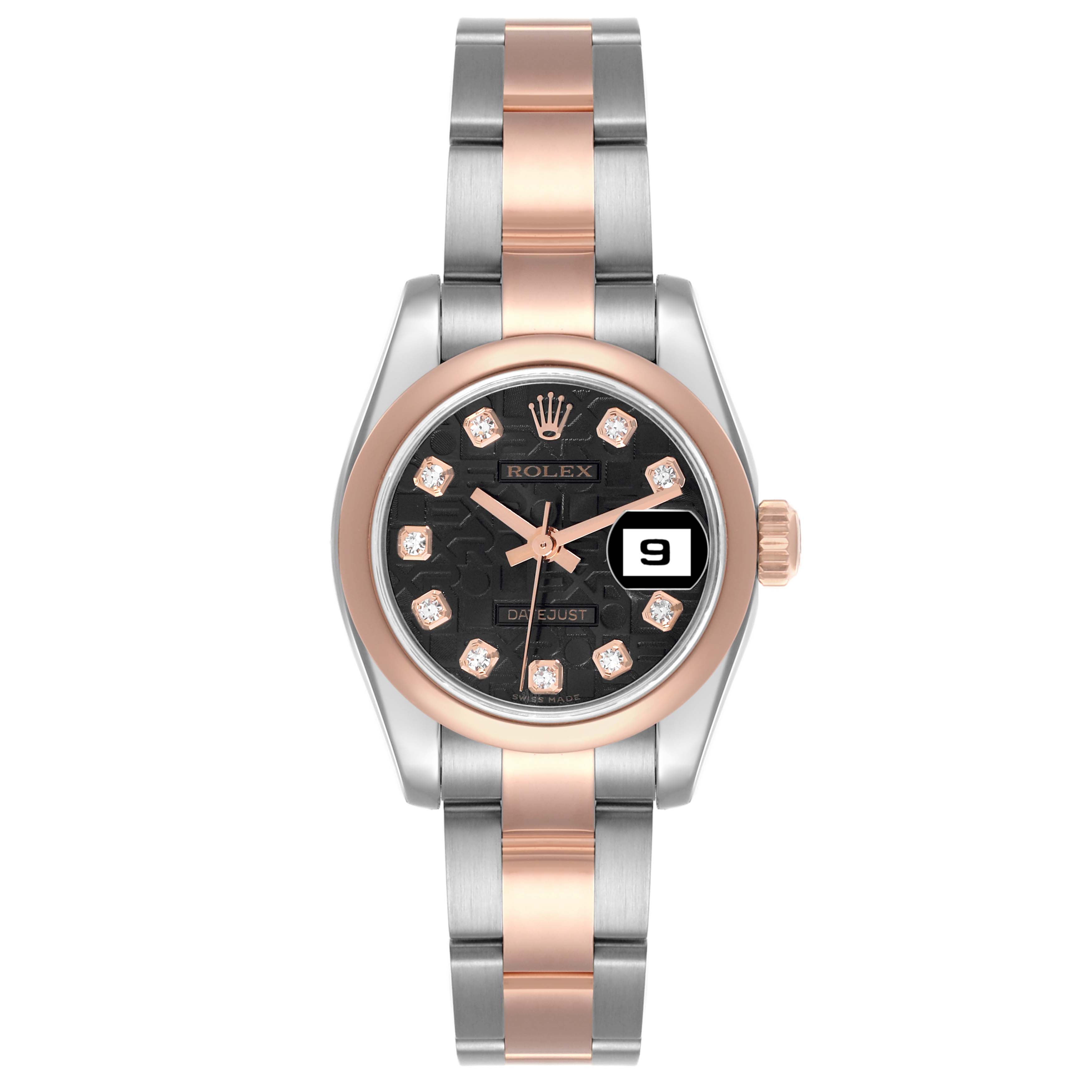 The Rolex Datejust 179161 Women's Steel and Gold (two tone) Black Dial 179161 Women's Steel and Gold (two tone) Black Dial watch is shown from a top-down angle, highlighting the dial, bezel, and bracelet.