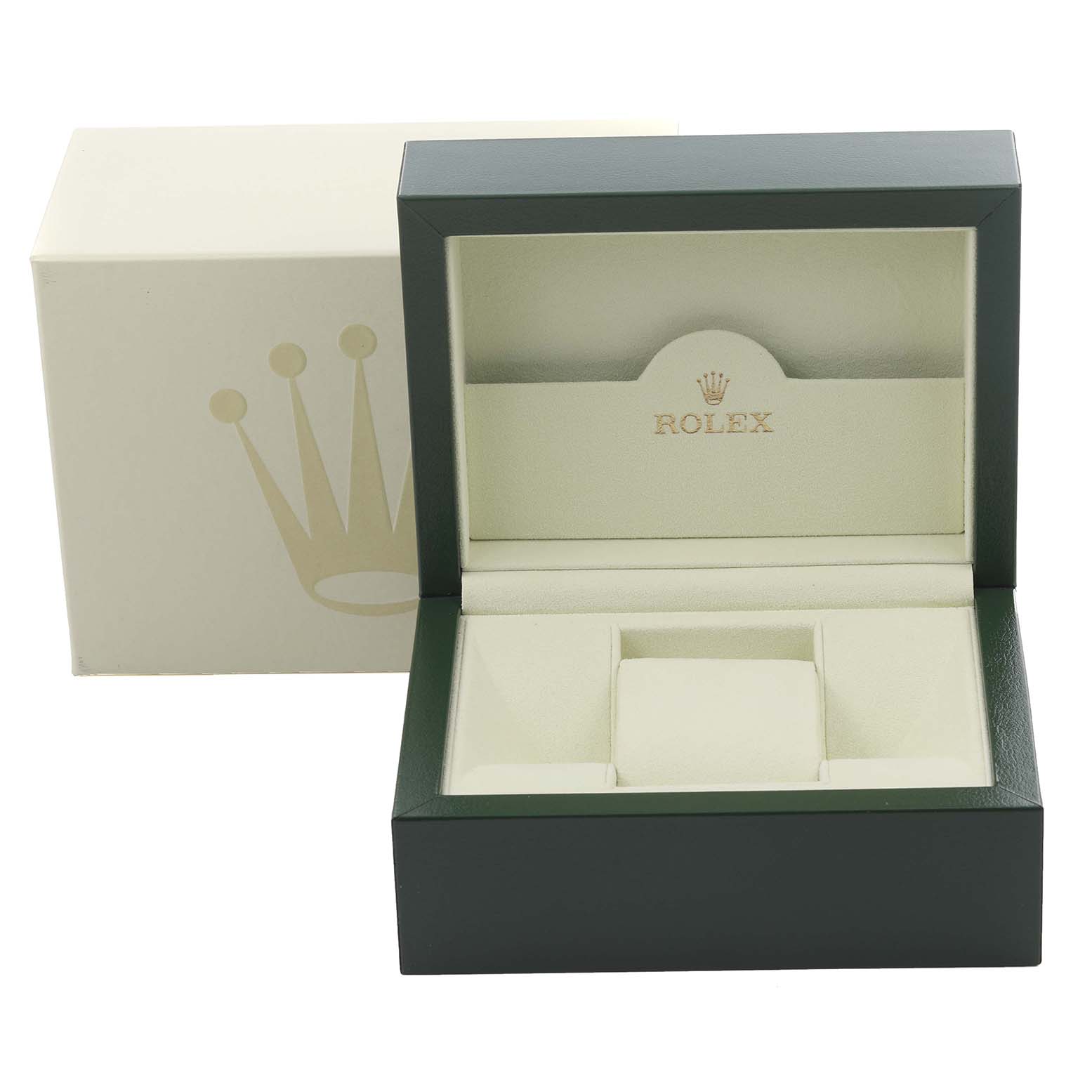 The image shows the open box and packaging for a Rolex Datejust 179161 Women's Steel and Gold (two tone) Black Dial 179161 Women's Steel and Gold (two tone) Black Dial watch, featuring the inner cushion and logo.