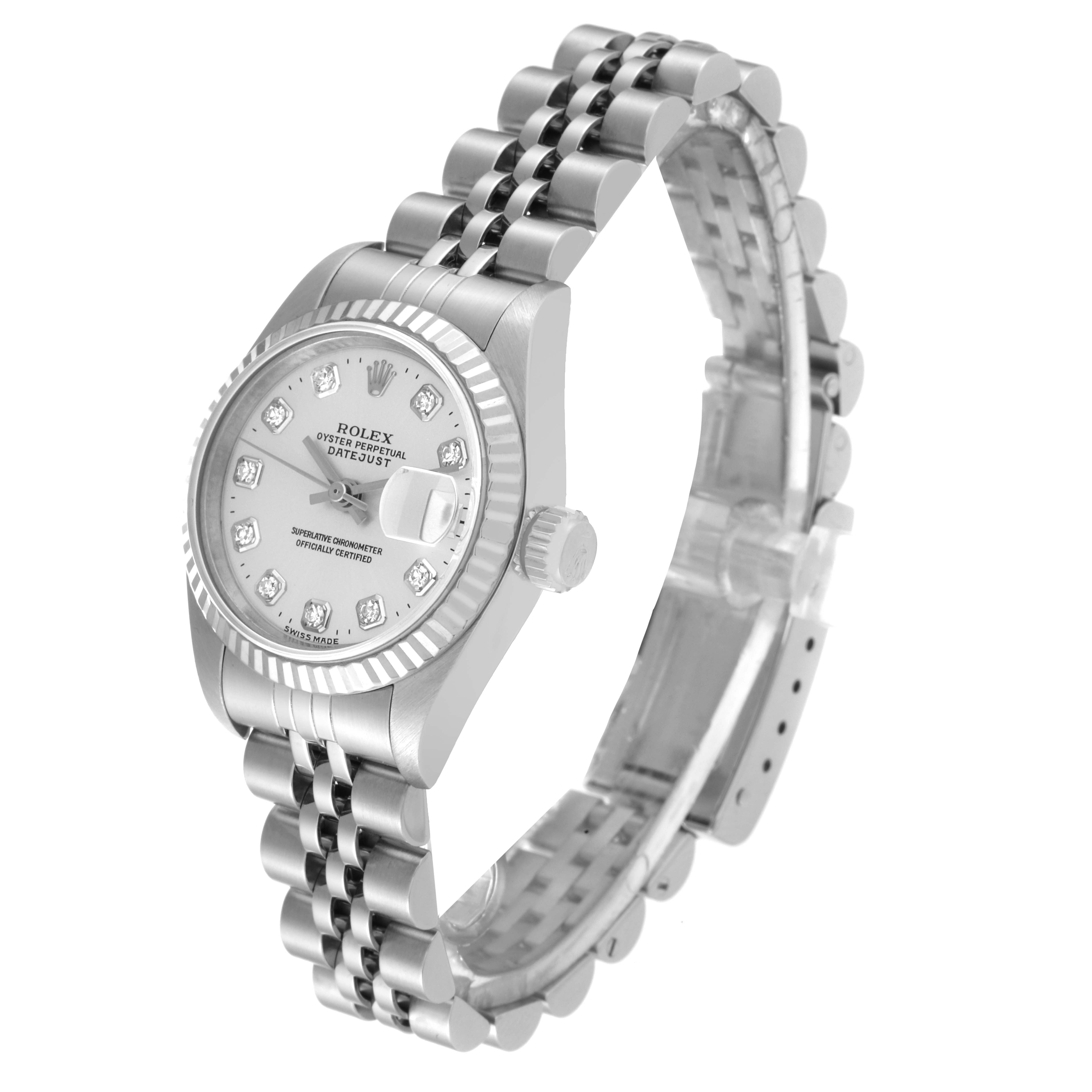 This image shows a Rolex Datejust 69174 Women's Stainless Steel Silver Dial 69174 Women's Stainless Steel Silver Dial watch from a slightly elevated side angle, highlighting the face, bezel, crown, and bracelet.
