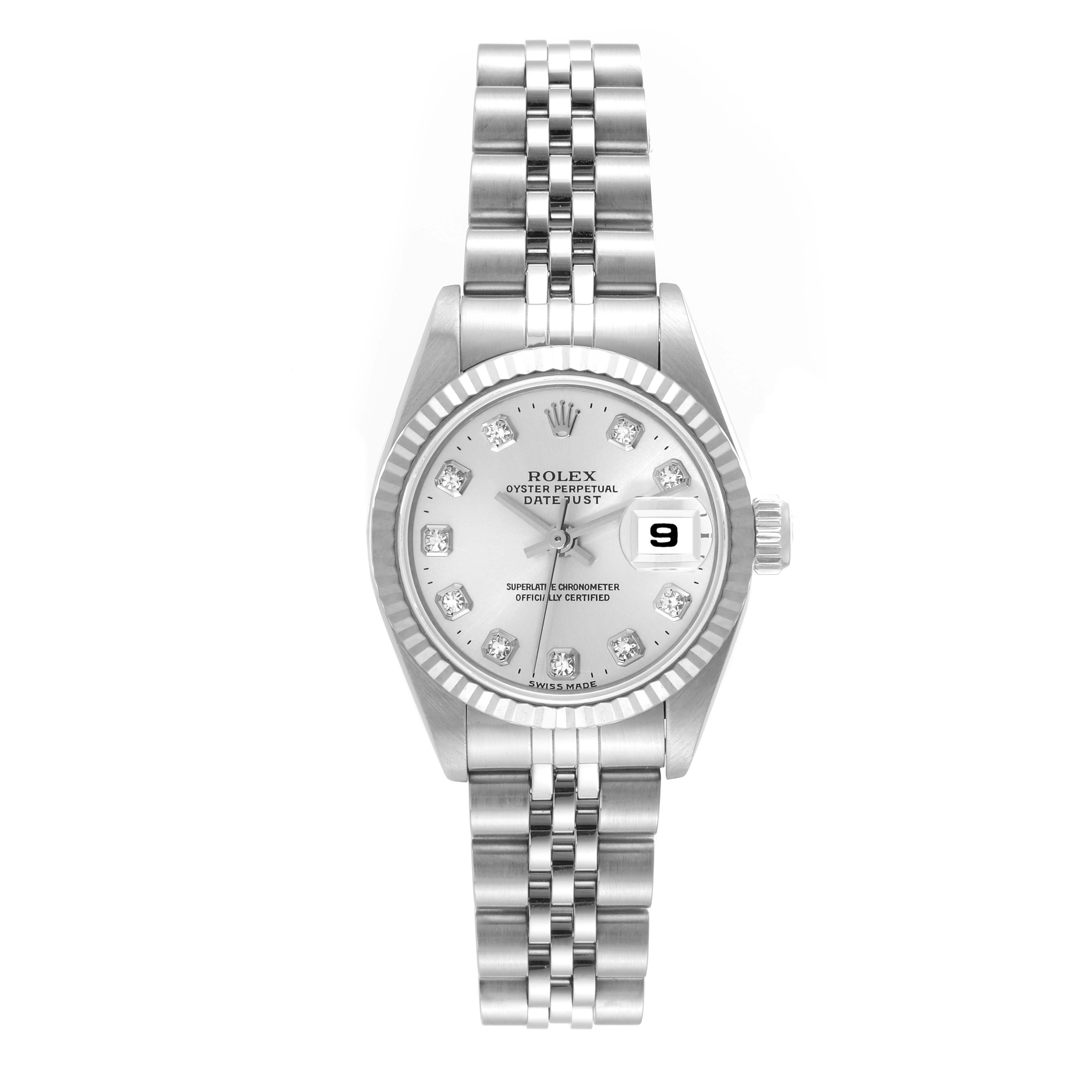 The image shows a Rolex Datejust 69174 Women's Stainless Steel Silver Dial 69174 Women's Stainless Steel Silver Dial watch from a front angle, displaying its face, bezel, and band.