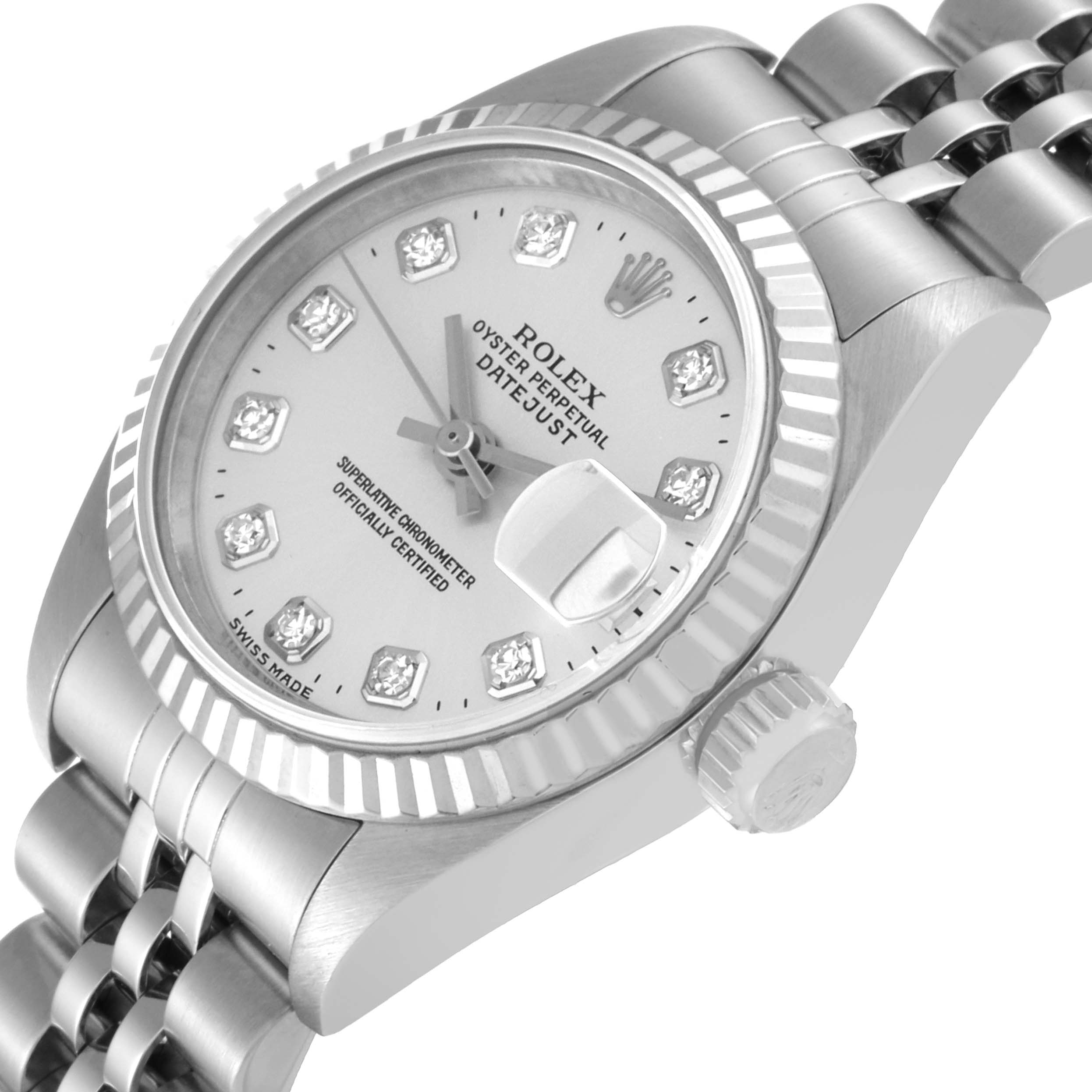 This image shows a close-up, angled view of the Rolex Datejust 69174 Women's Stainless Steel Silver Dial 69174 Women's Stainless Steel Silver Dial watch, highlighting its face, bezel, crown, and part of the bracelet.