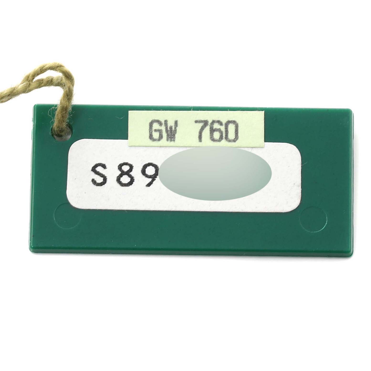 The image shows a green tag with a string attached, labeled "GW 760" and "S89," likely associated with the Rolex Datejust 69174 Women's Stainless Steel Silver Dial 69174 Women's Stainless Steel Silver Dial model.