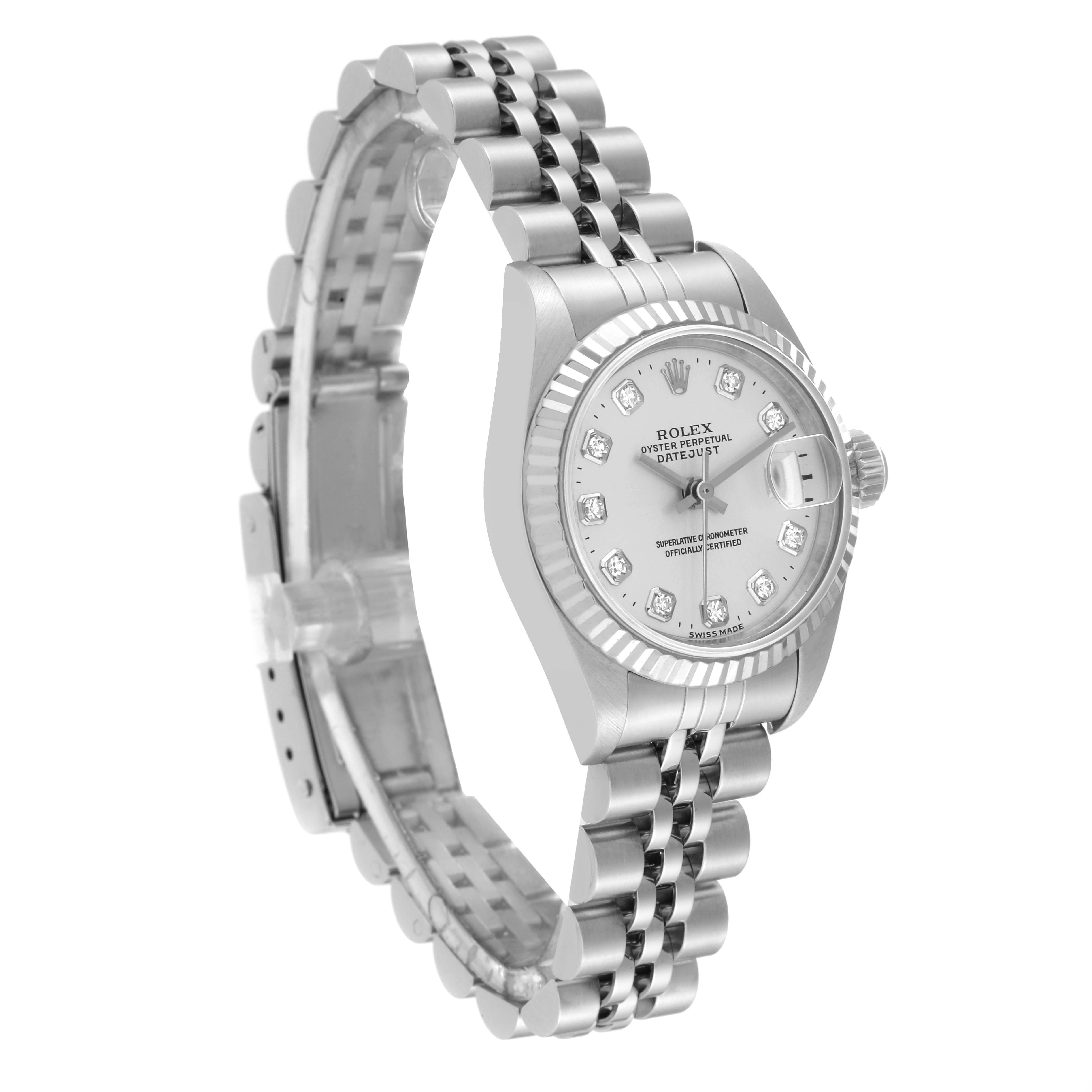 The Rolex Datejust 69174 Women's Stainless Steel Silver Dial 69174 Women's Stainless Steel Silver Dial watch is shown at an angled side view, highlighting its bracelet and diamond-studded face.
