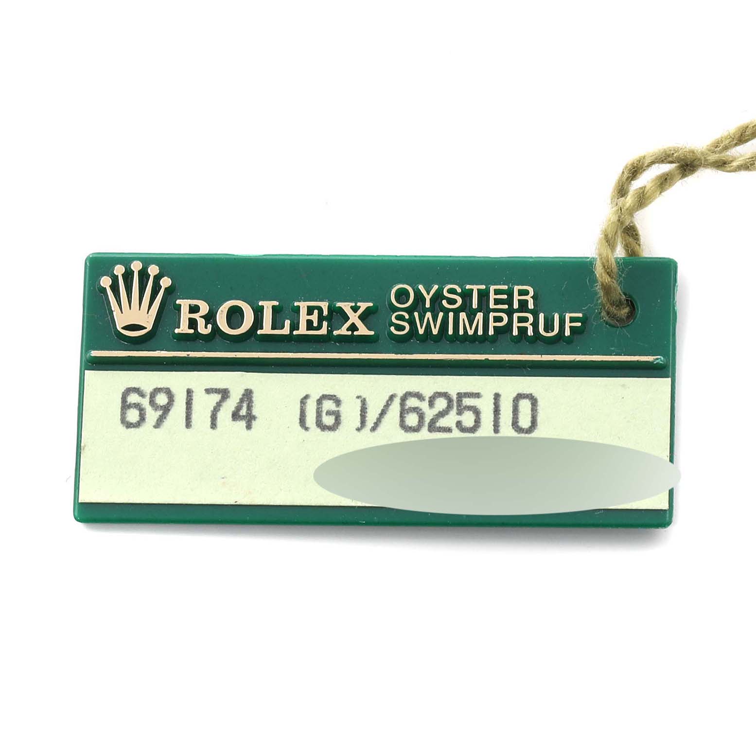 The image shows a green Rolex Oyster Swimpruf tag with model details, likely for a Datejust.