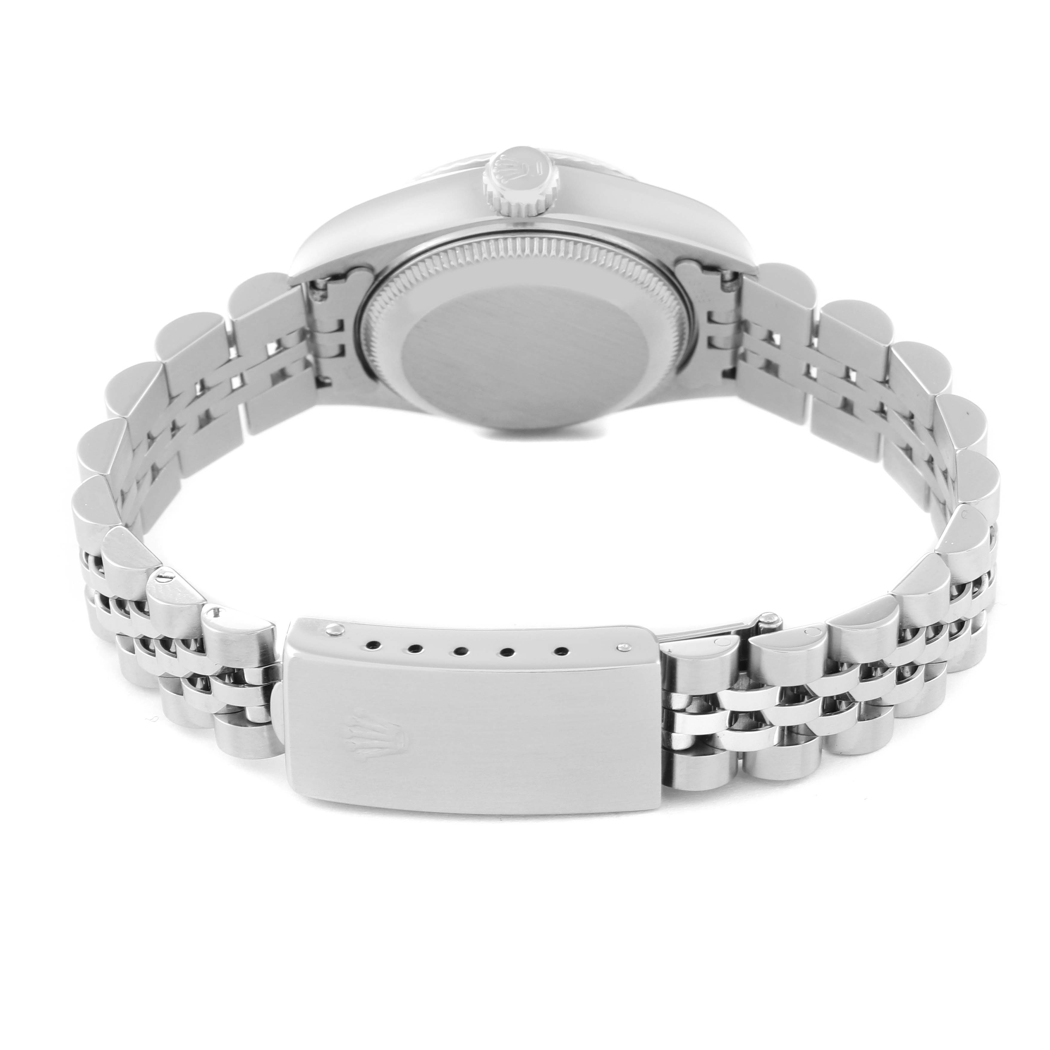 The image shows the back view of a Rolex Datejust 69174 Women's Stainless Steel Silver Dial 69174 Women's Stainless Steel Silver Dial watch, highlighting its case back, crown, and metal bracelet with a clasp.