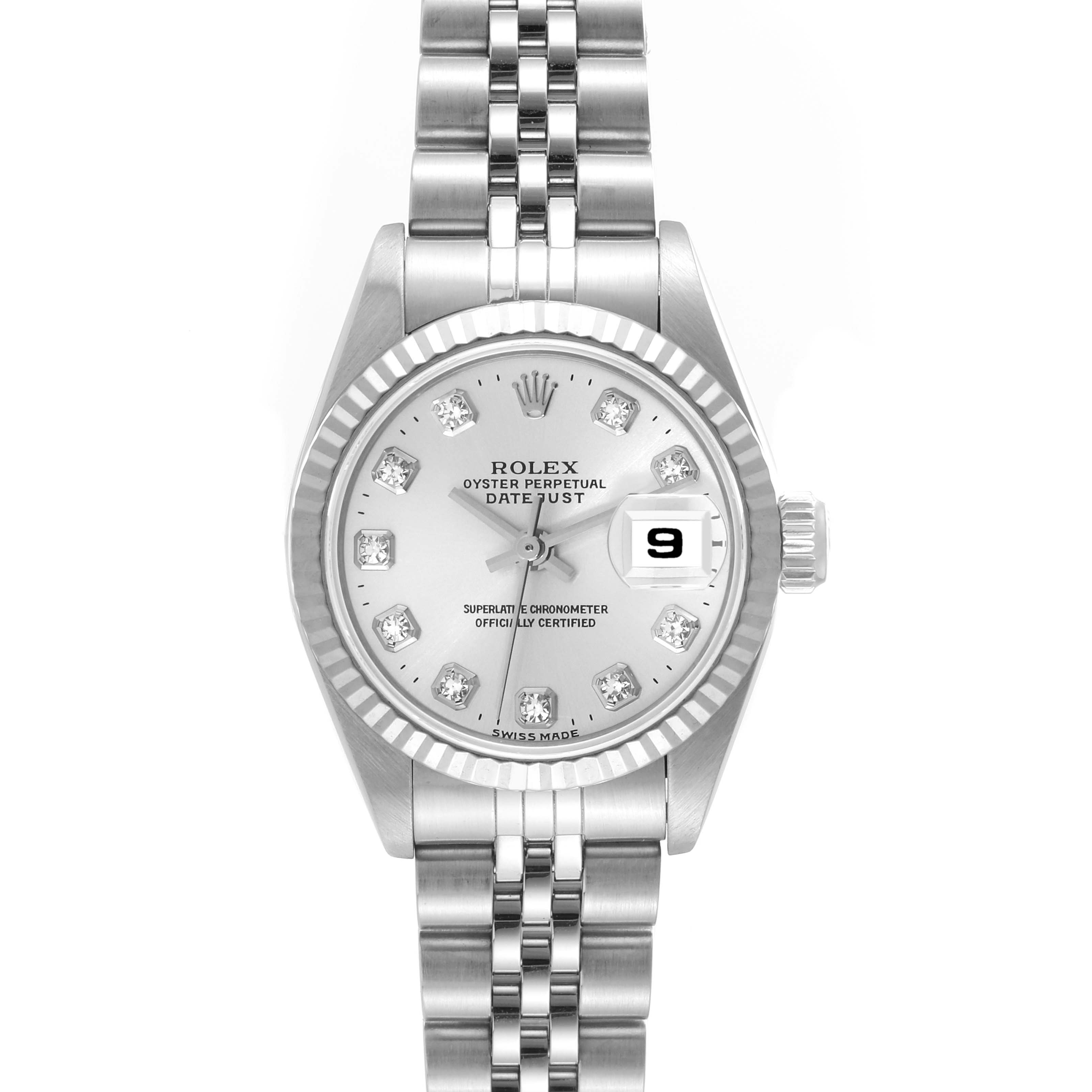 This image shows a front view of a Rolex Datejust 69174 Women's Stainless Steel Silver Dial 69174 Women's Stainless Steel Silver Dial watch, highlighting its dial, bezel, bracelet, and date window.