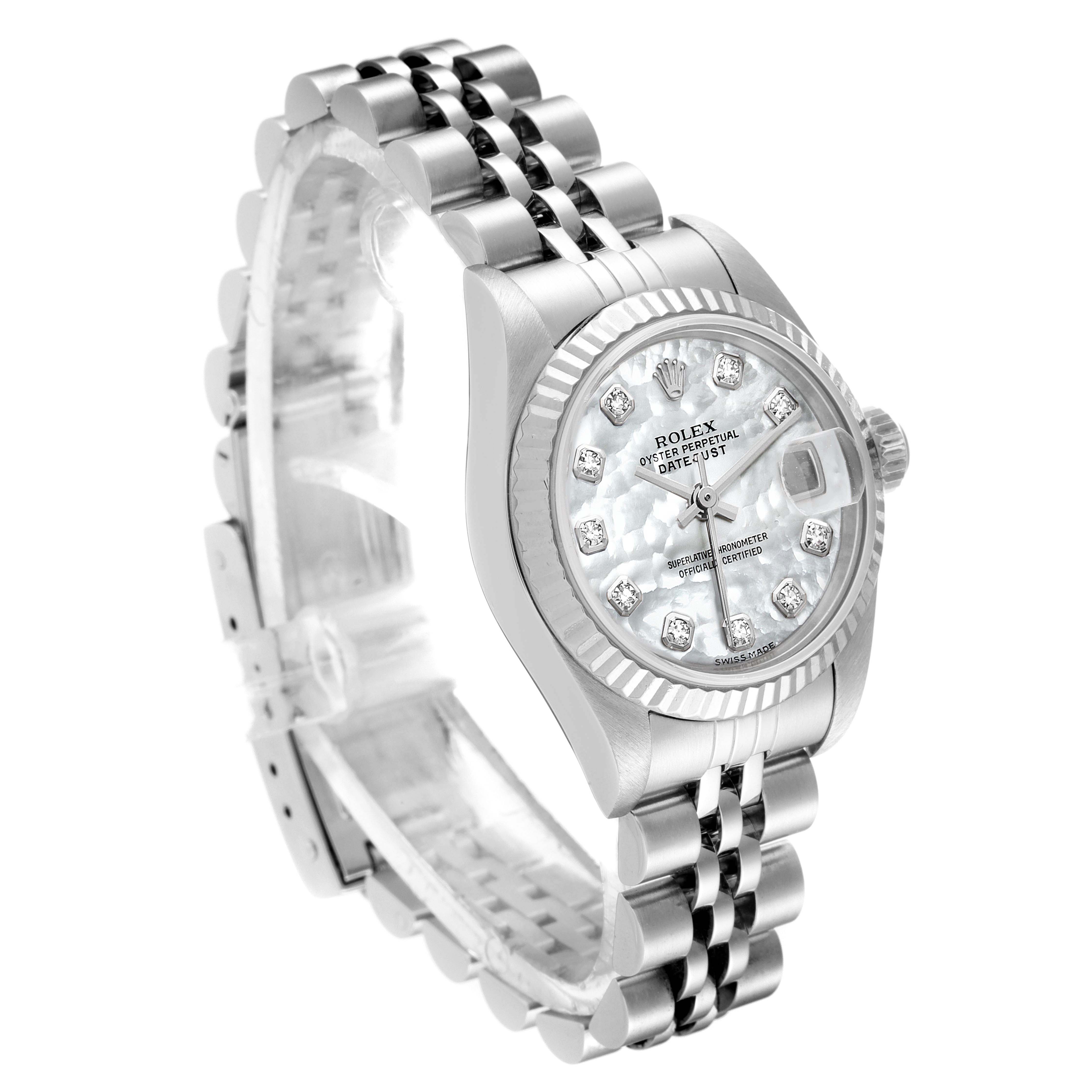 The Rolex Datejust 79174 Women's Stainless Steel Mother of Pearl Dial 79174 Women's Stainless Steel Mother of Pearl Dial watch is shown at an angled view, featuring the dial, bezel, crown, and bracelet.