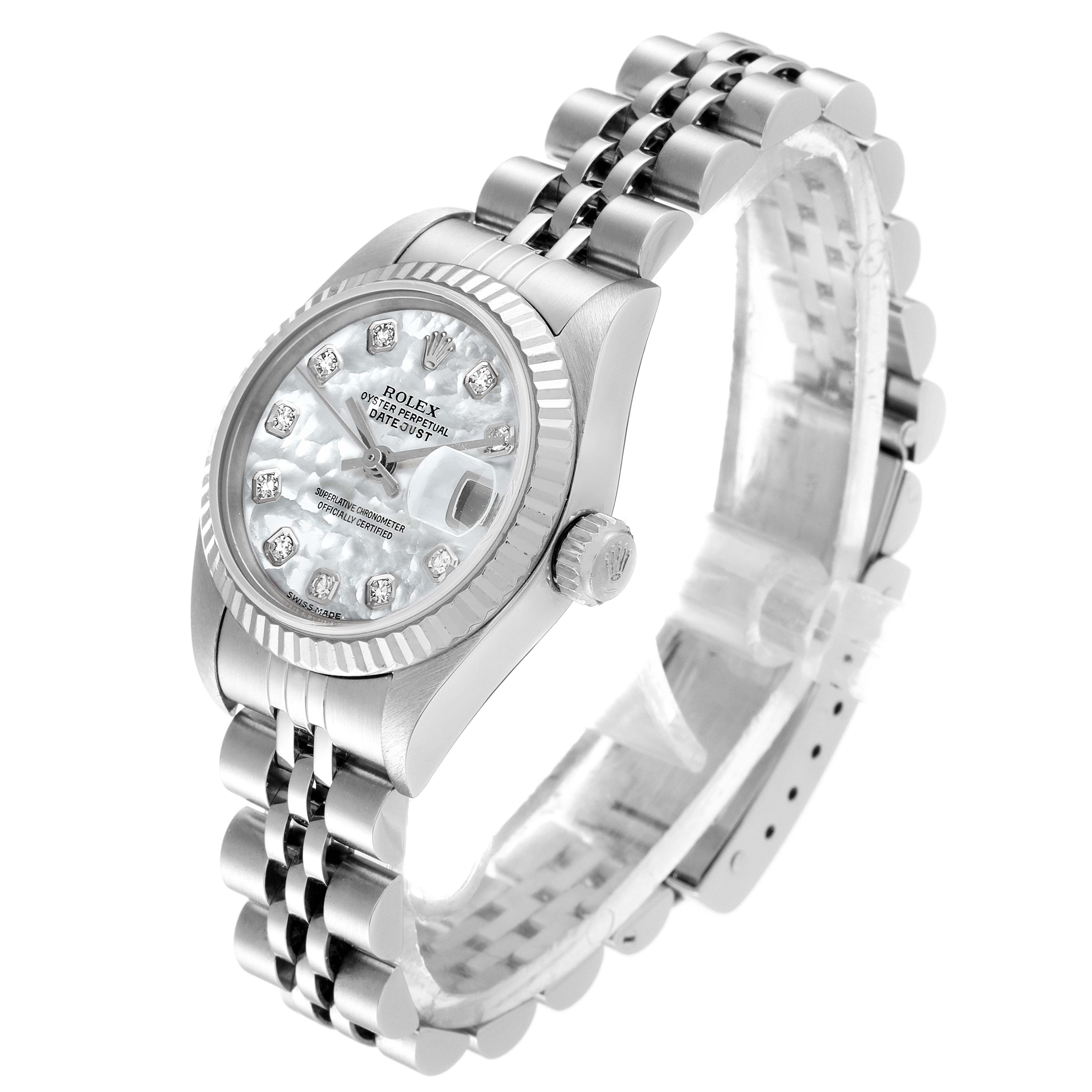 The image shows a Rolex Datejust 79174 Women's Stainless Steel Mother of Pearl Dial 79174 Women's Stainless Steel Mother of Pearl Dial watch at an oblique angle, highlighting the dial, bezel, crown, and bracelet.