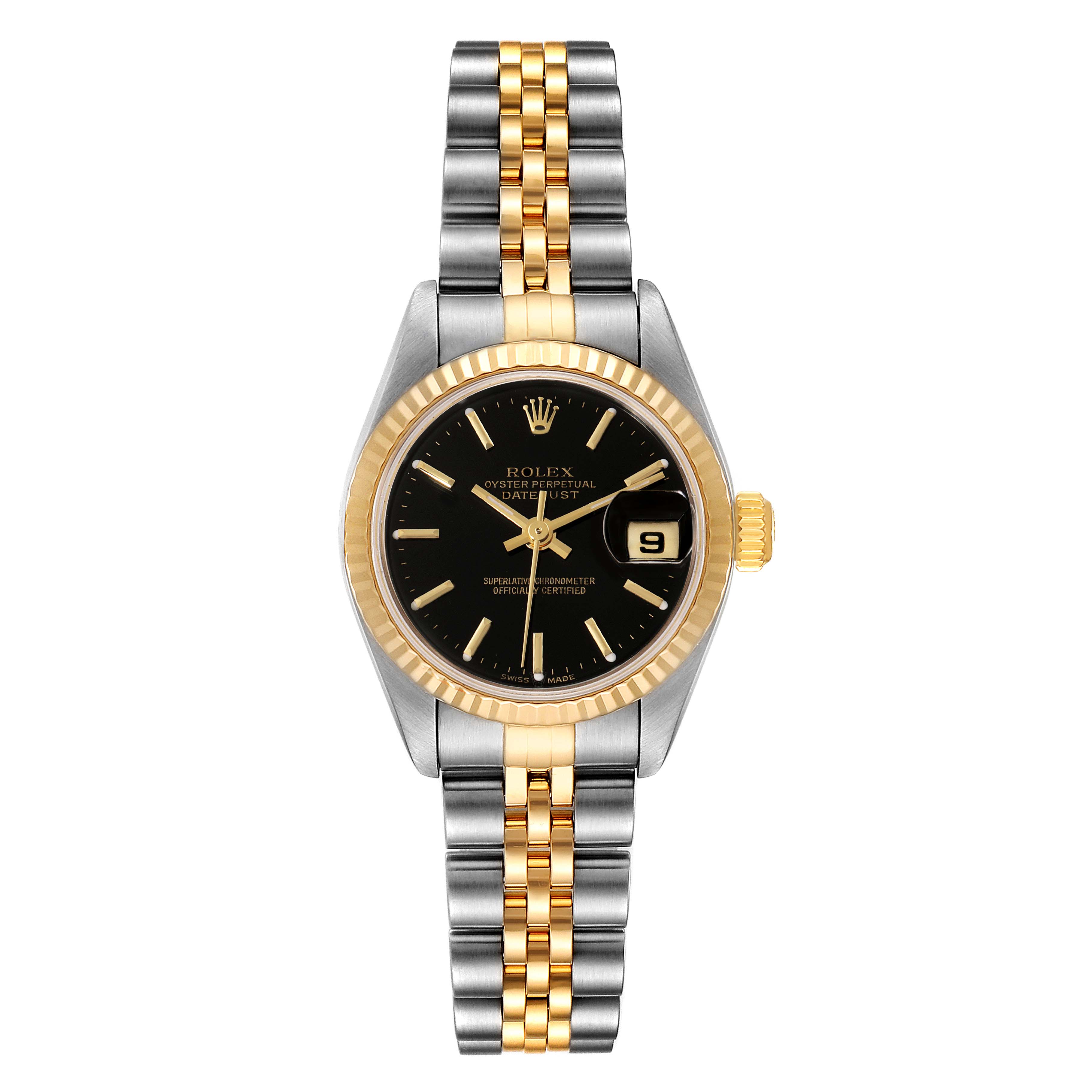 This Rolex Datejust 79173 Women's Steel and Gold (two tone) Black Dial 79173 Women's Steel and Gold (two tone) Black Dial model watch is shown from a top-down angle, highlighting the dial, fluted bezel, and two-tone bracelet.